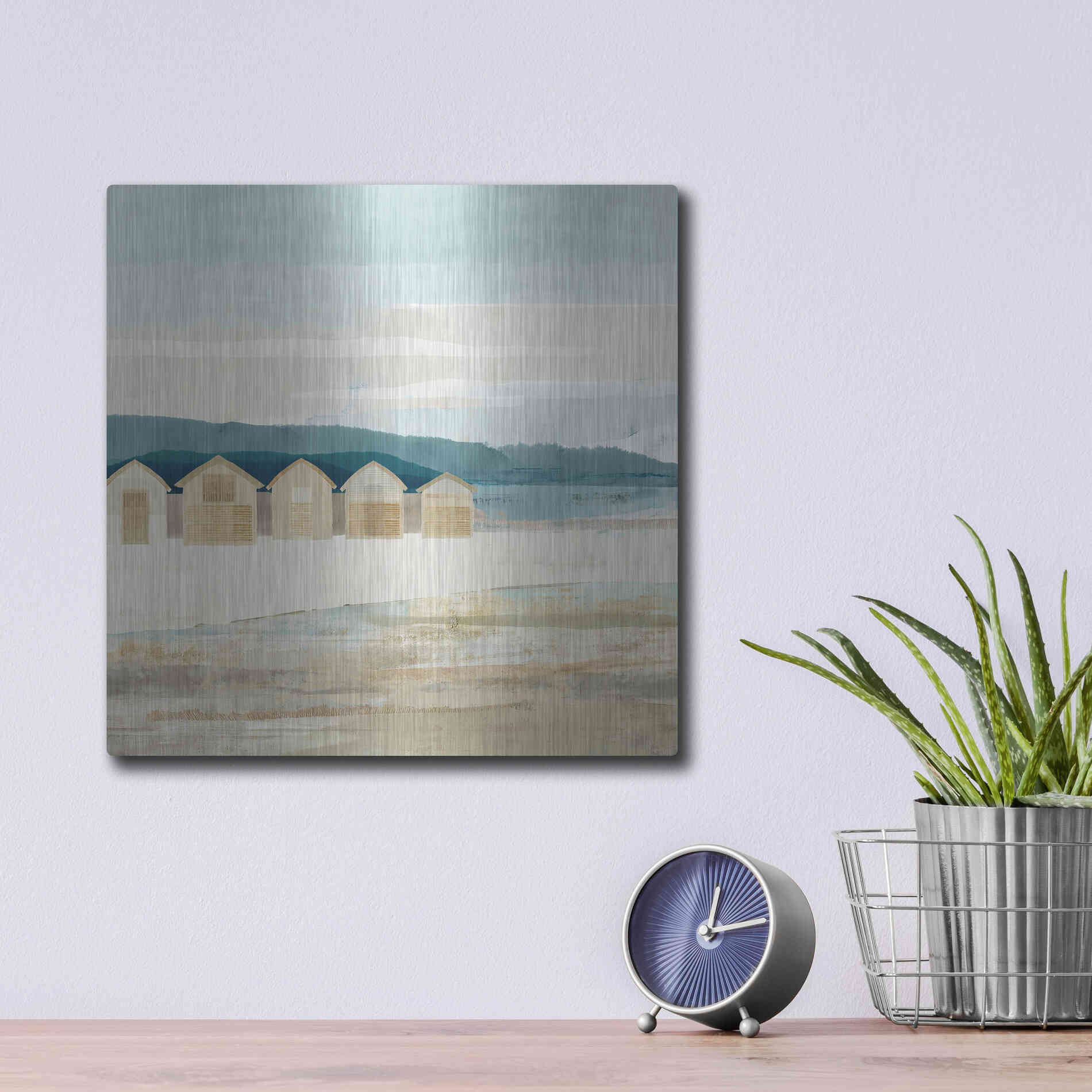 Luxe Metal Art 'Stone Bay Huts I' by Flora Kouta Metal Wall Art,12x12