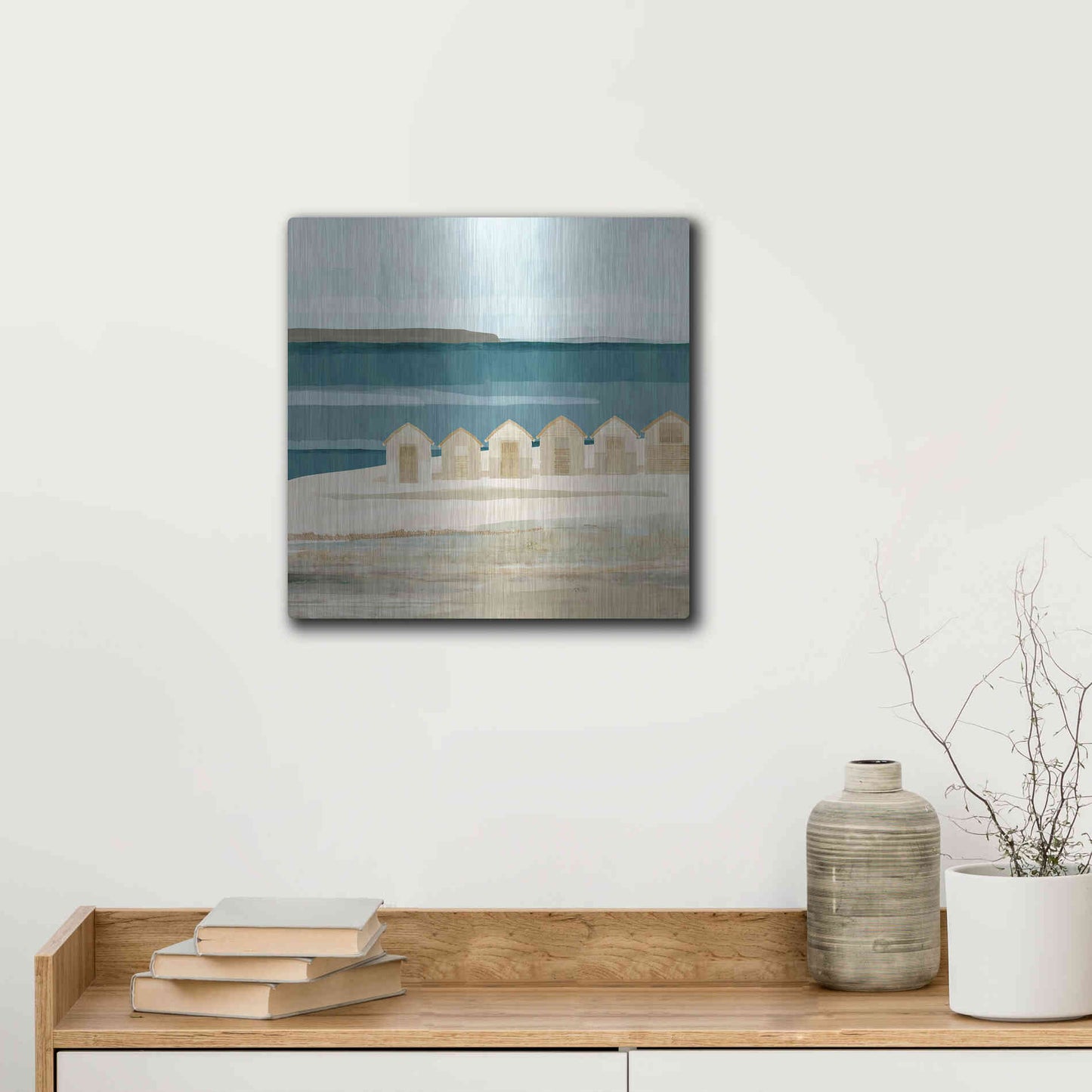 Luxe Metal Art 'Stone Bay Huts III' by Flora Kouta Metal Wall Art,12x12