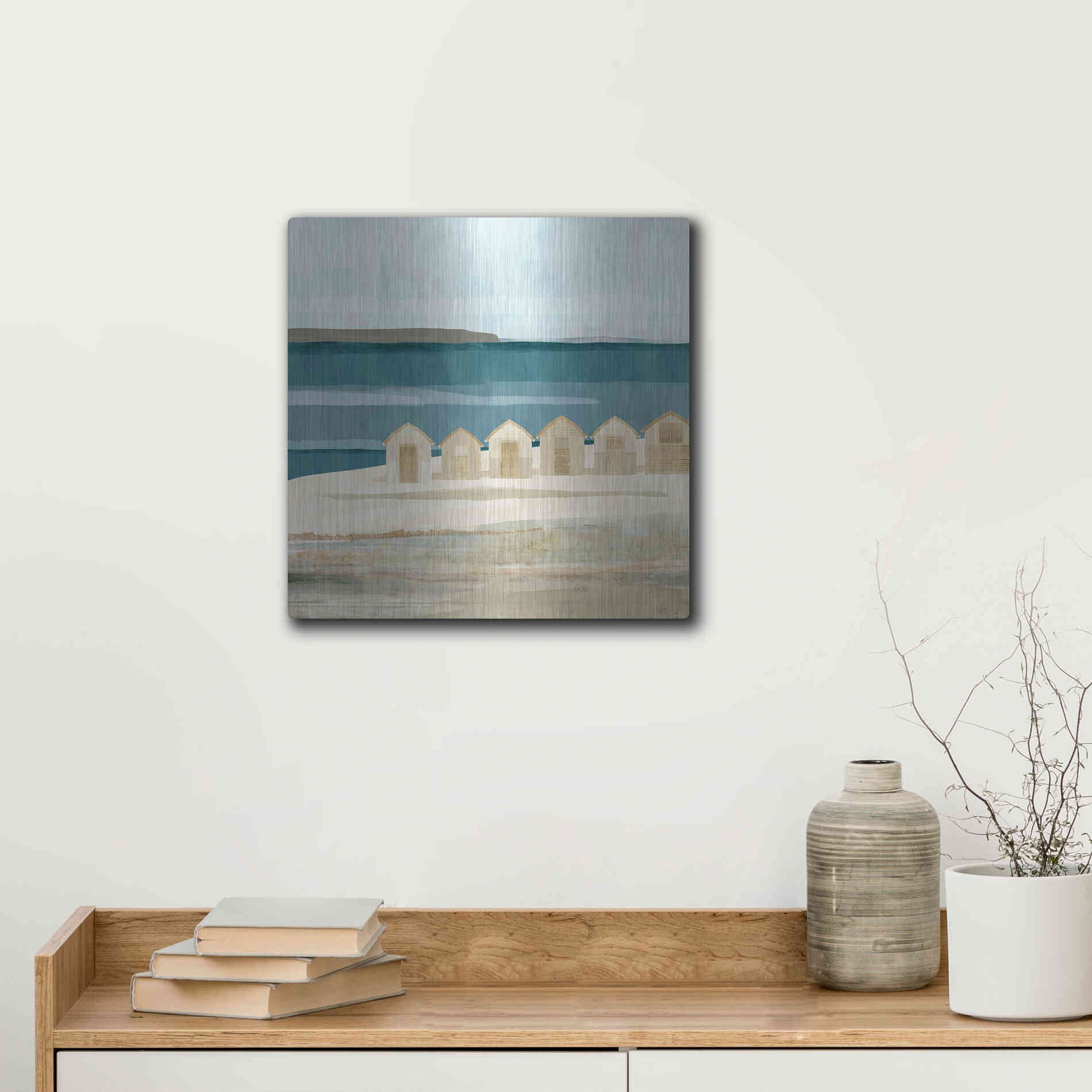 Luxe Metal Art 'Stone Bay Huts III' by Flora Kouta Metal Wall Art,12x12