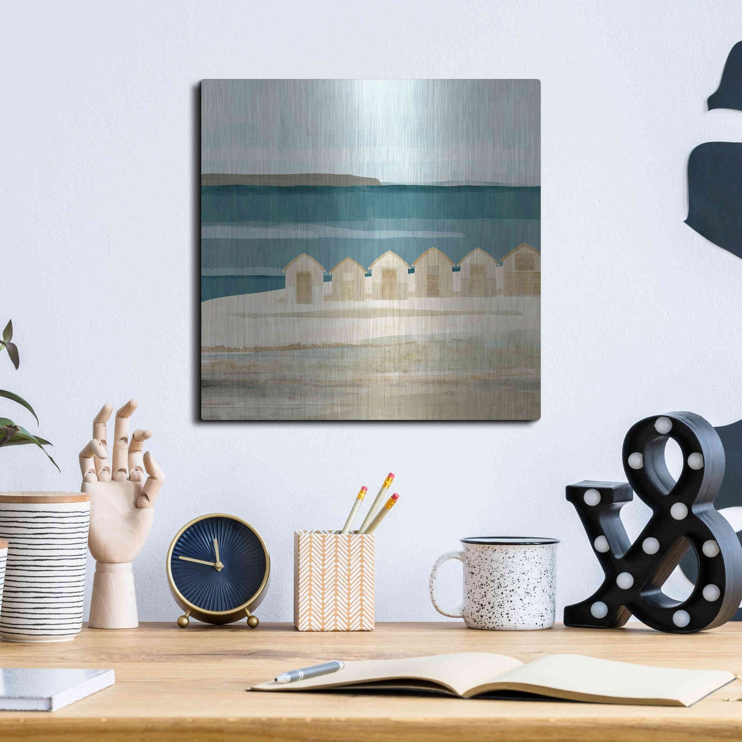 Luxe Metal Art 'Stone Bay Huts III' by Flora Kouta Metal Wall Art,12x12