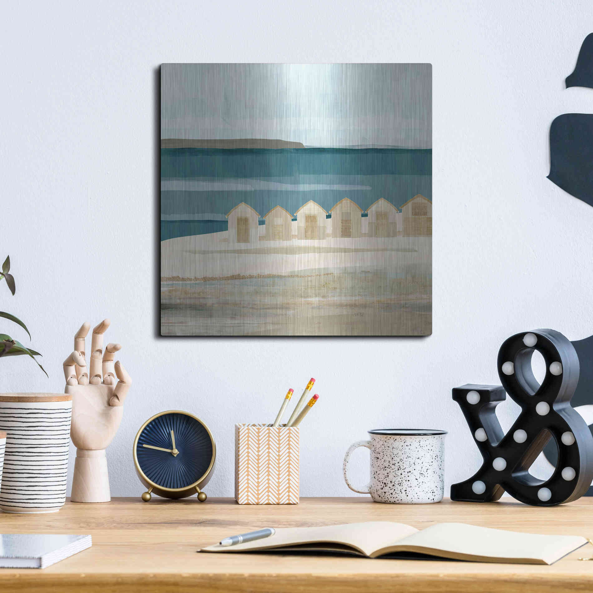 Luxe Metal Art 'Stone Bay Huts III' by Flora Kouta Metal Wall Art,12x12