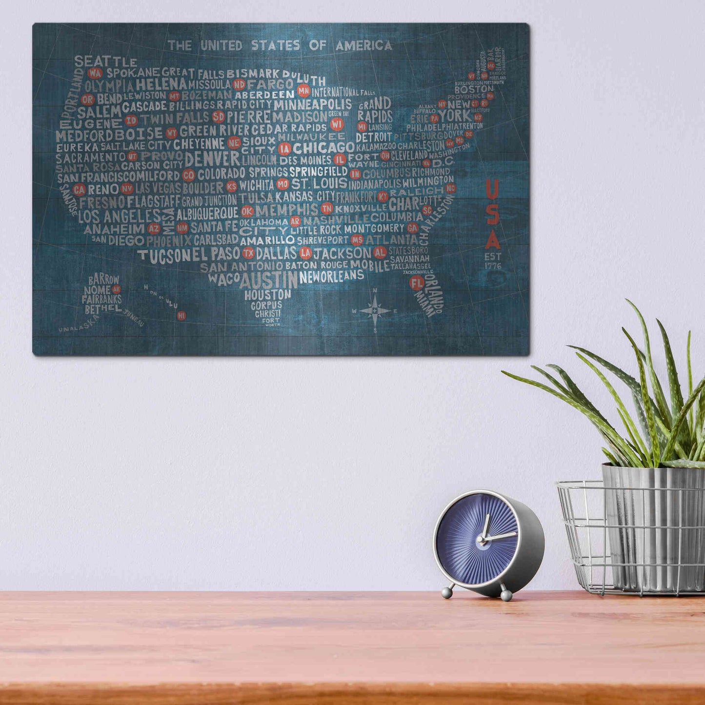 Luxe Metal Art 'US City Map on Wood Blue' by Michael Mullan, Metal Wall Art,16x12