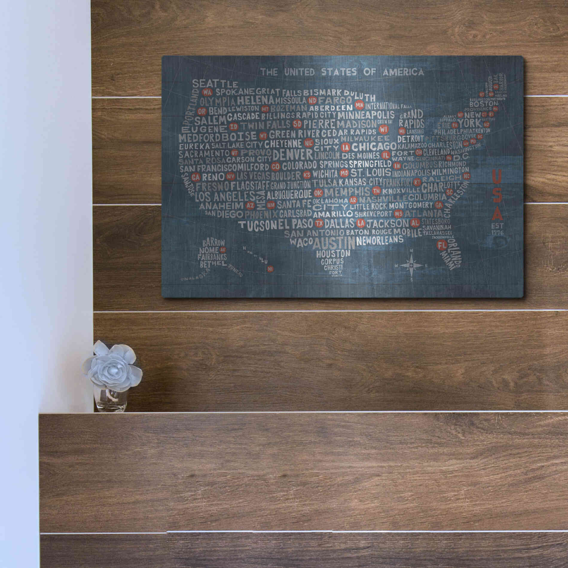 Luxe Metal Art 'US City Map on Wood Blue' by Michael Mullan, Metal Wall Art,16x12