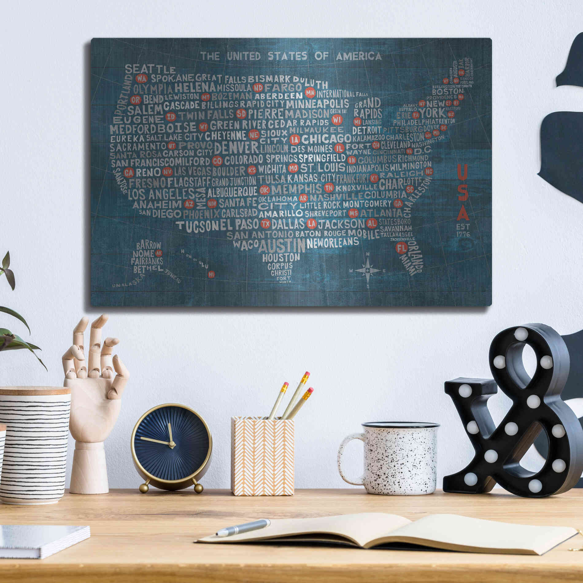 Luxe Metal Art 'US City Map on Wood Blue' by Michael Mullan, Metal Wall Art,16x12