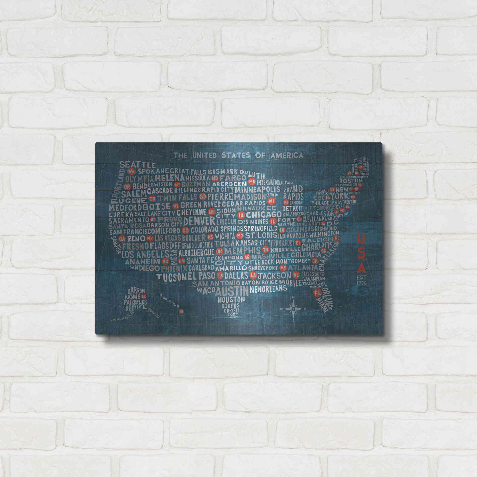Luxe Metal Art 'US City Map on Wood Blue' by Michael Mullan, Metal Wall Art,24x16