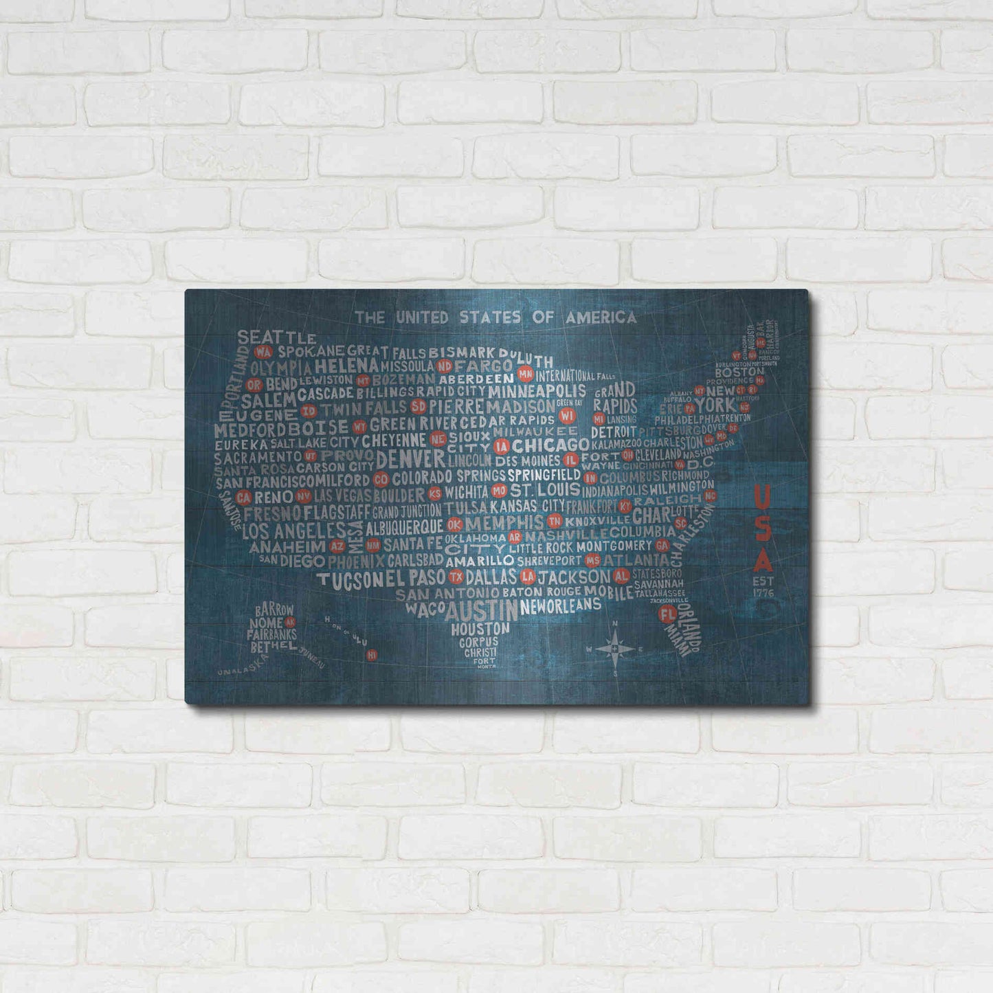 Luxe Metal Art 'US City Map on Wood Blue' by Michael Mullan, Metal Wall Art,36x24