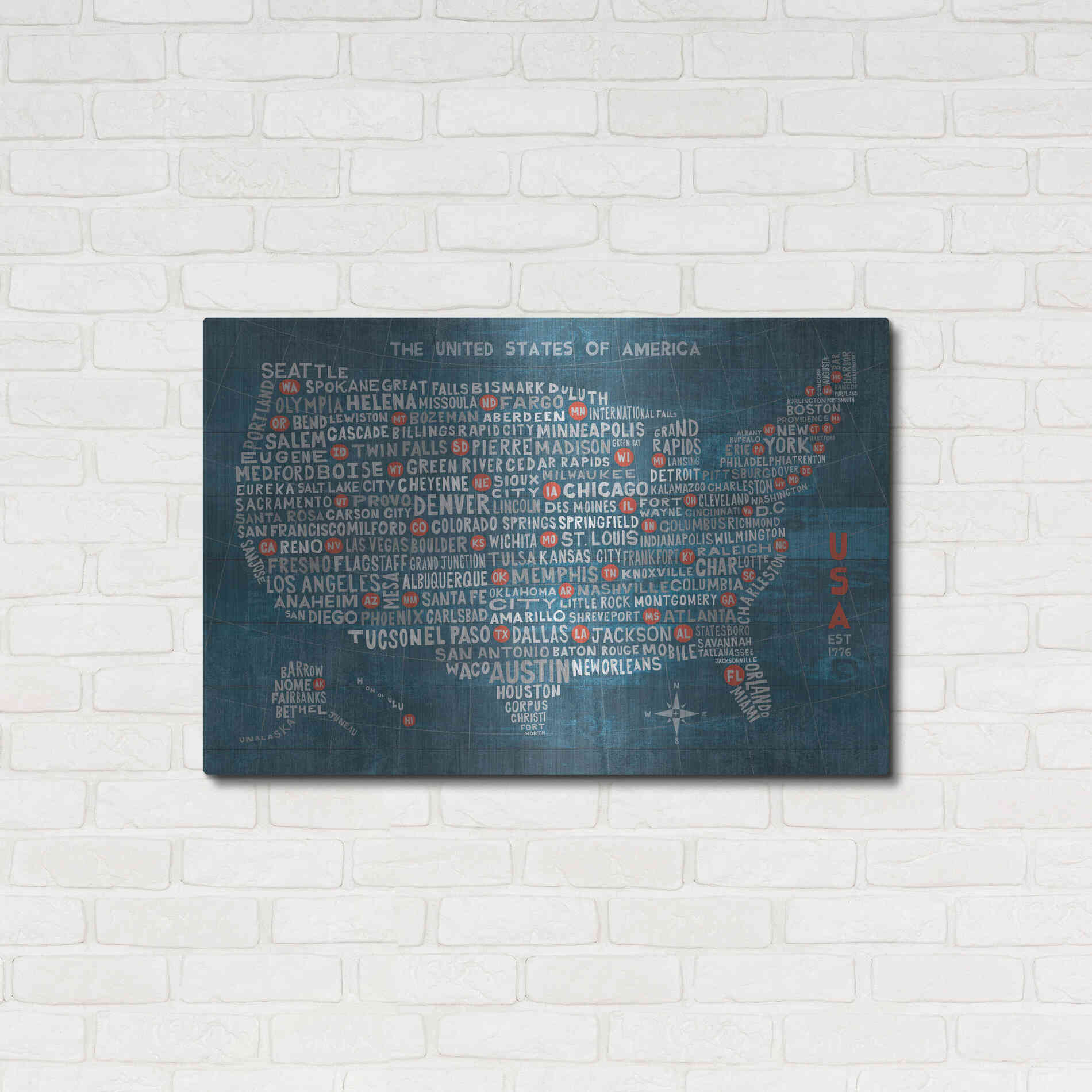 Luxe Metal Art 'US City Map on Wood Blue' by Michael Mullan, Metal Wall Art,36x24