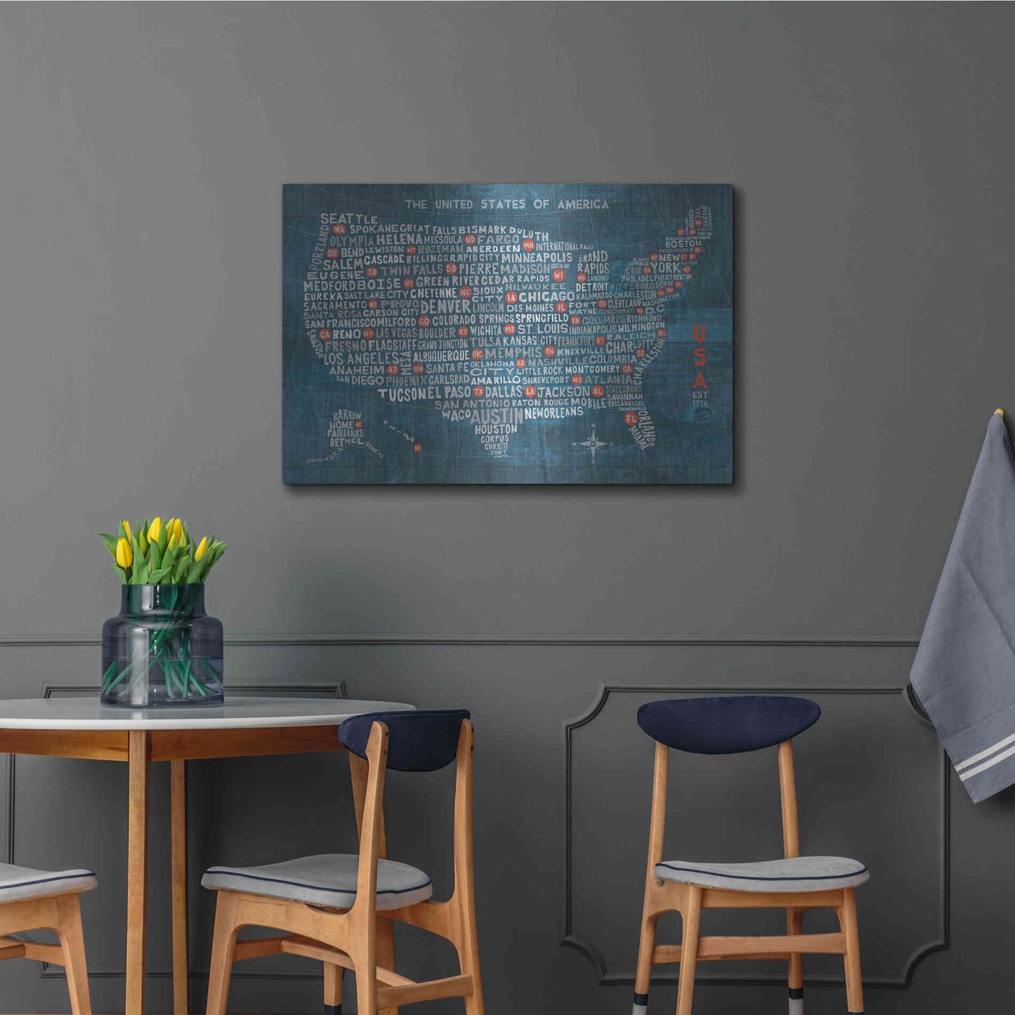 Luxe Metal Art 'US City Map on Wood Blue' by Michael Mullan, Metal Wall Art,36x24