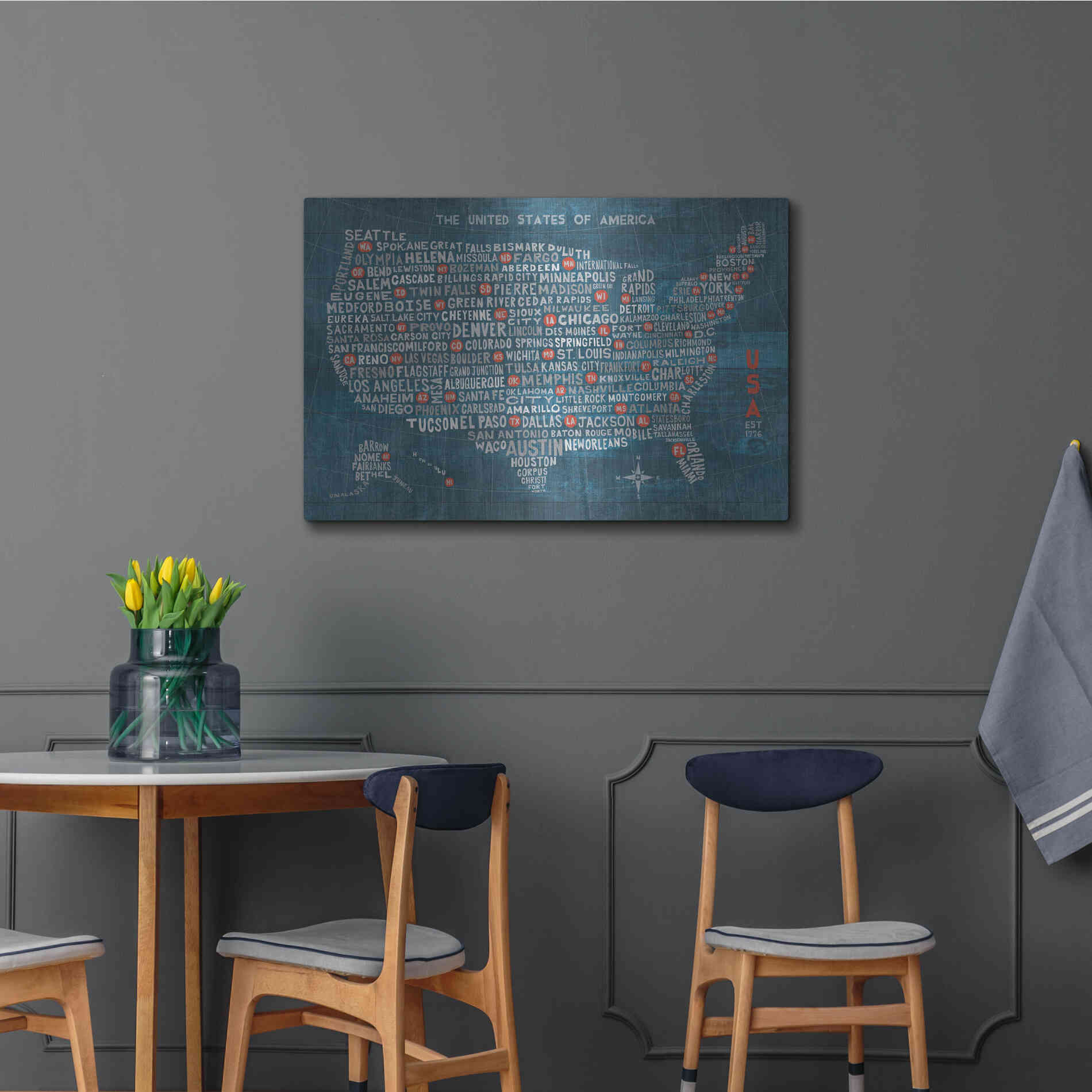 Luxe Metal Art 'US City Map on Wood Blue' by Michael Mullan, Metal Wall Art,36x24