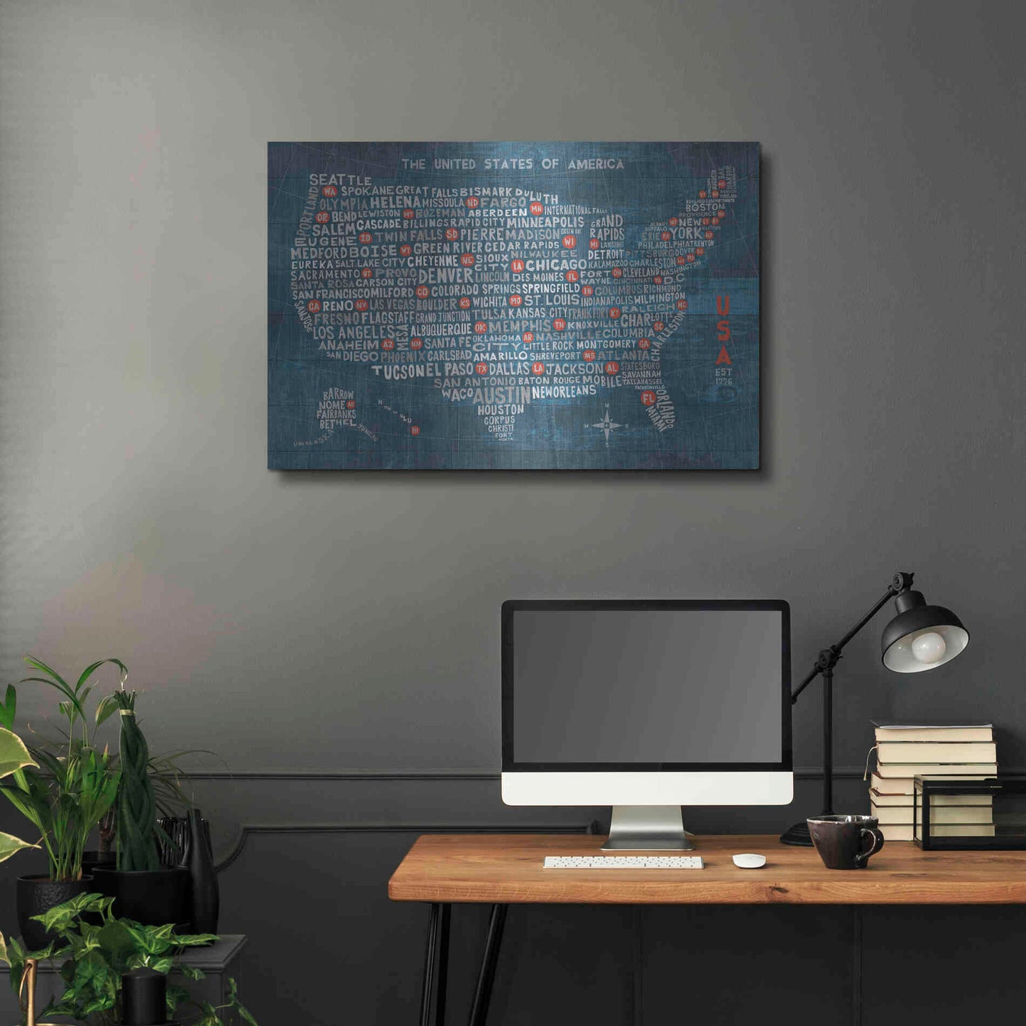 Luxe Metal Art 'US City Map on Wood Blue' by Michael Mullan, Metal Wall Art,36x24