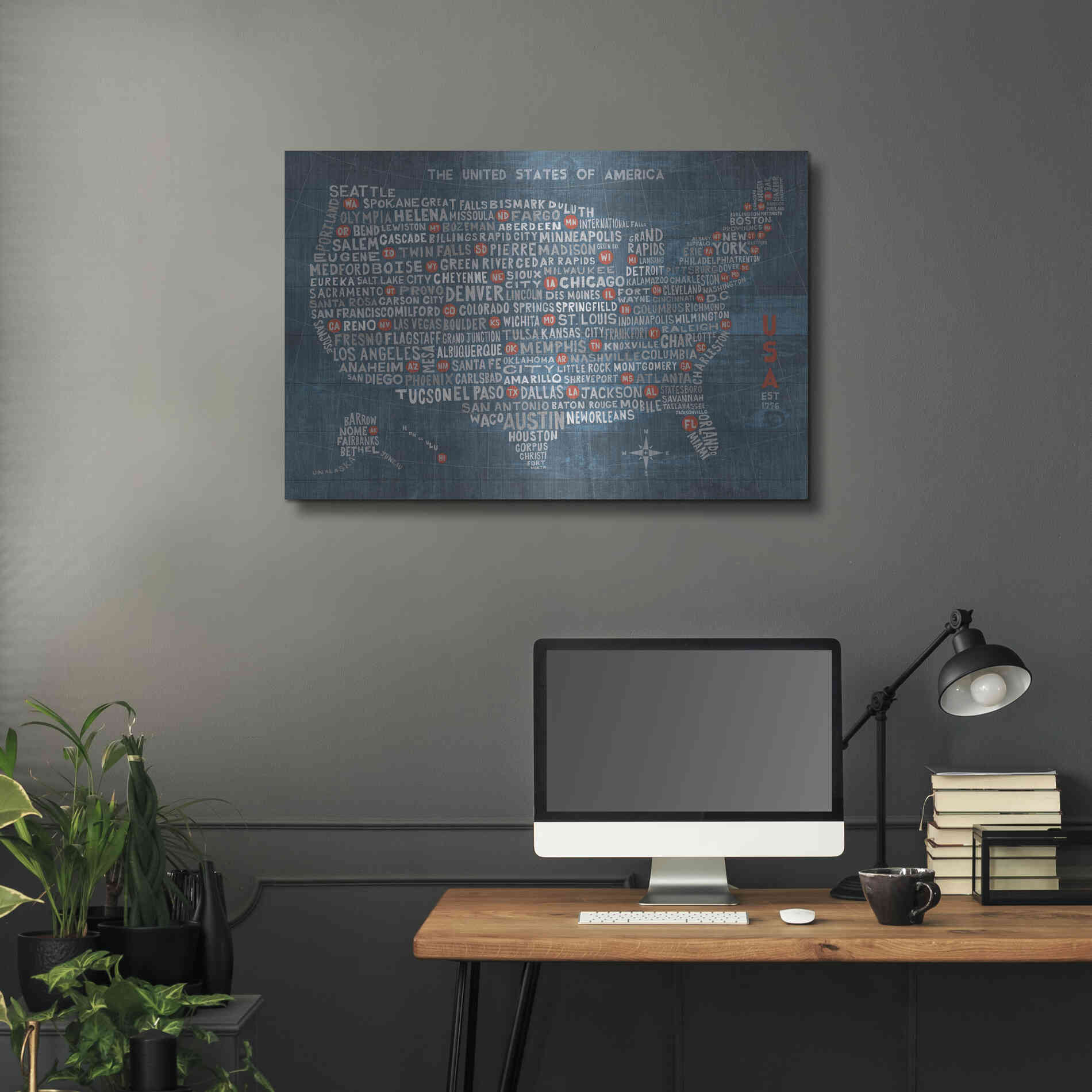 Luxe Metal Art 'US City Map on Wood Blue' by Michael Mullan, Metal Wall Art,36x24