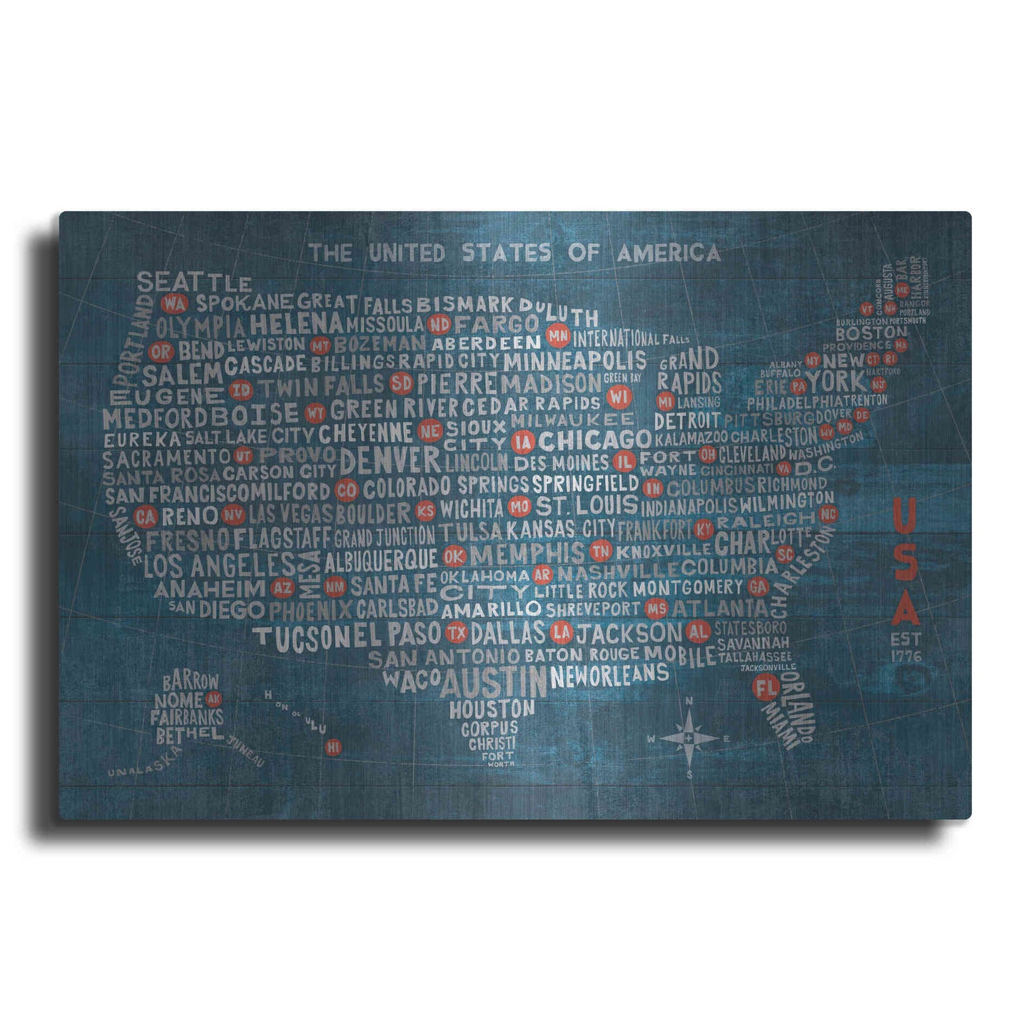 Luxe Metal Art 'US City Map on Wood Blue' by Michael Mullan, Metal Wall Art