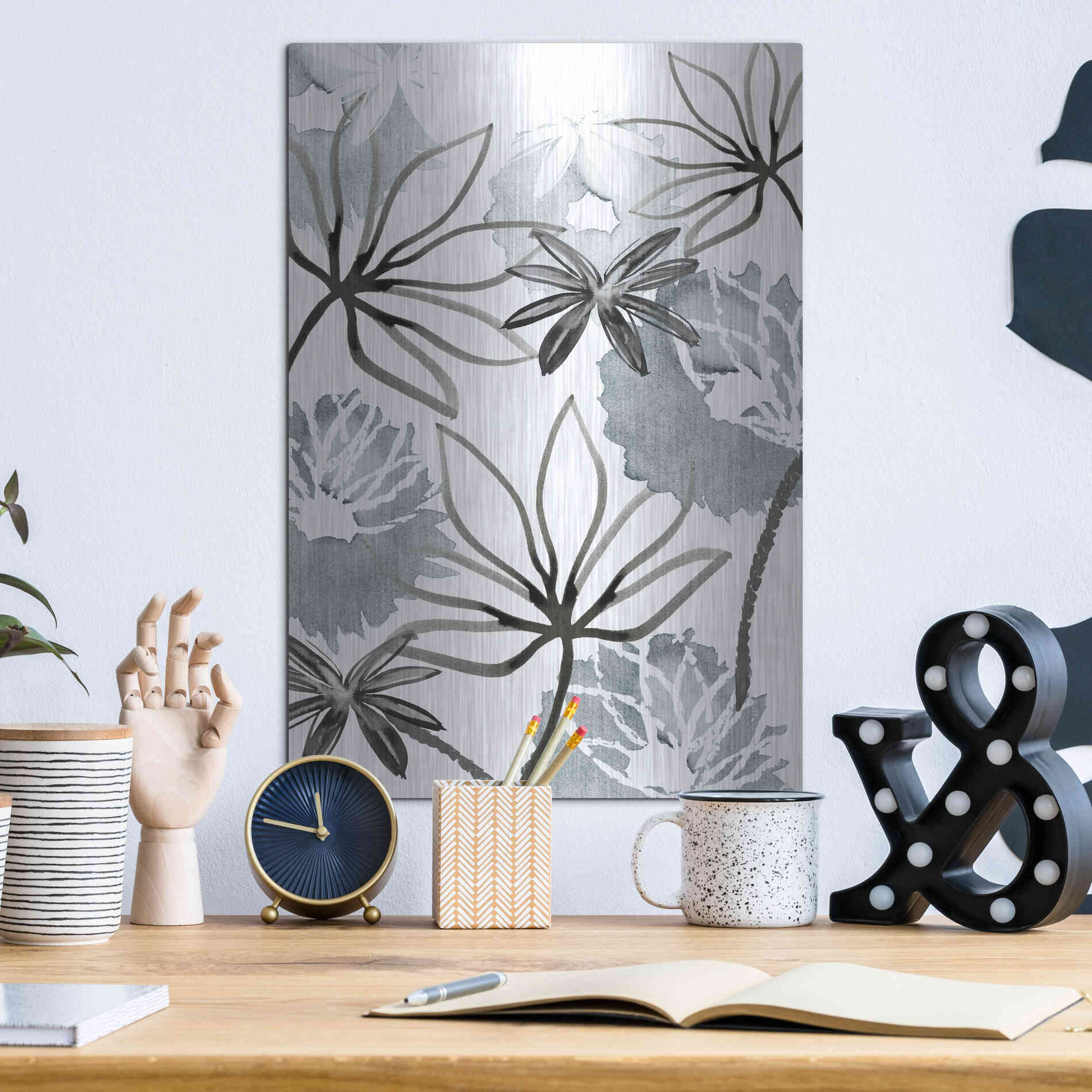 Luxe Metal Art 'Monochrome Flowers II' by Flora Kouta Metal Wall Art,12x16