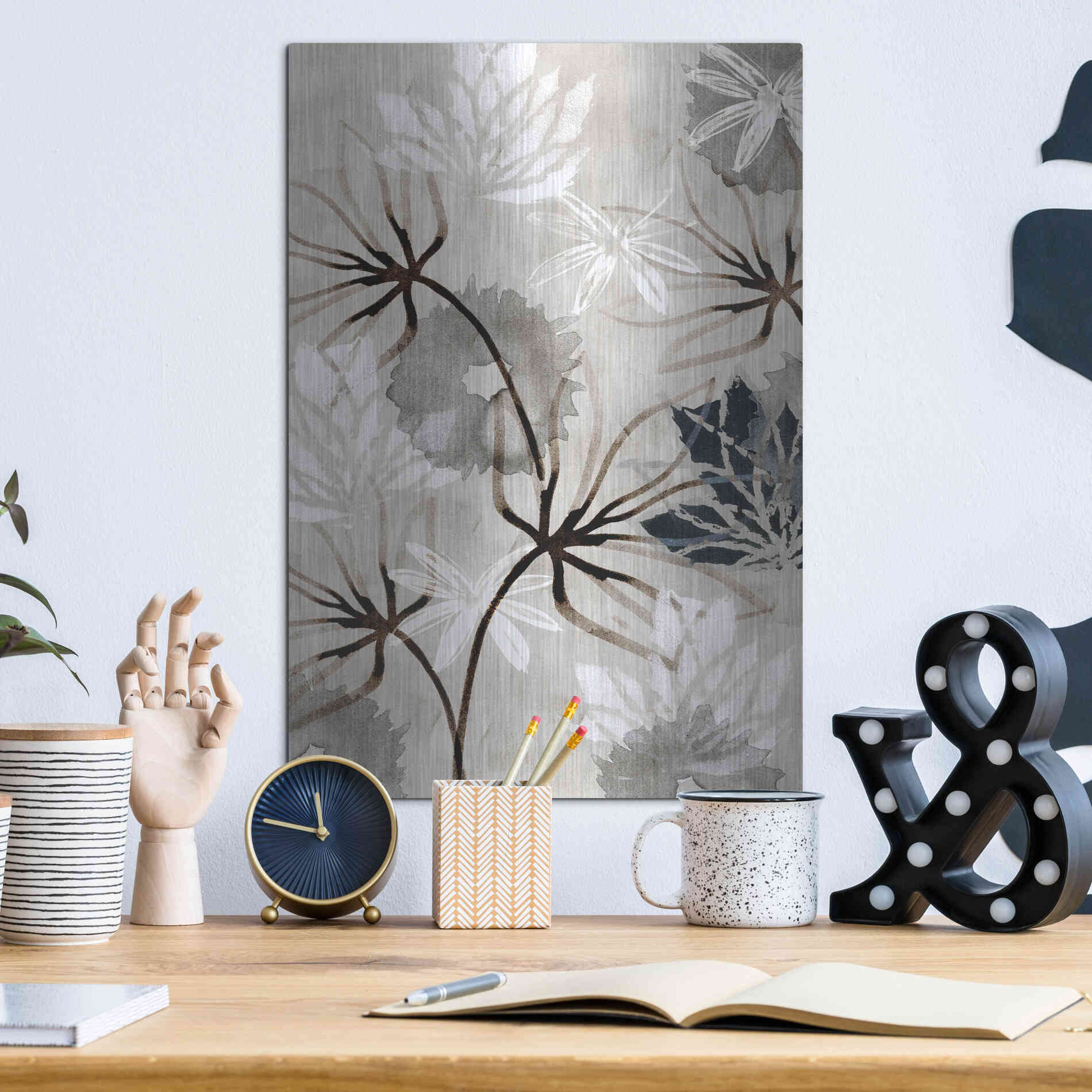 Luxe Metal Art 'Monochrome Flowers V' by Flora Kouta Metal Wall Art,12x16