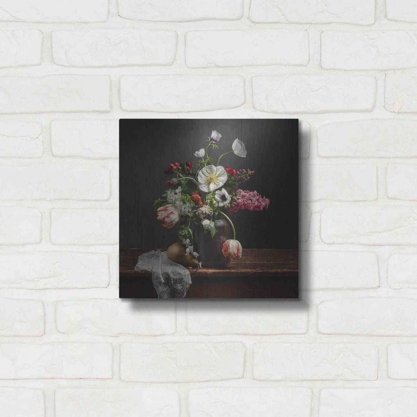 Luxe Metal Art 'Pear And Parrot Tulip Still Life' by Leah McLean Metal Wall Art,12x12