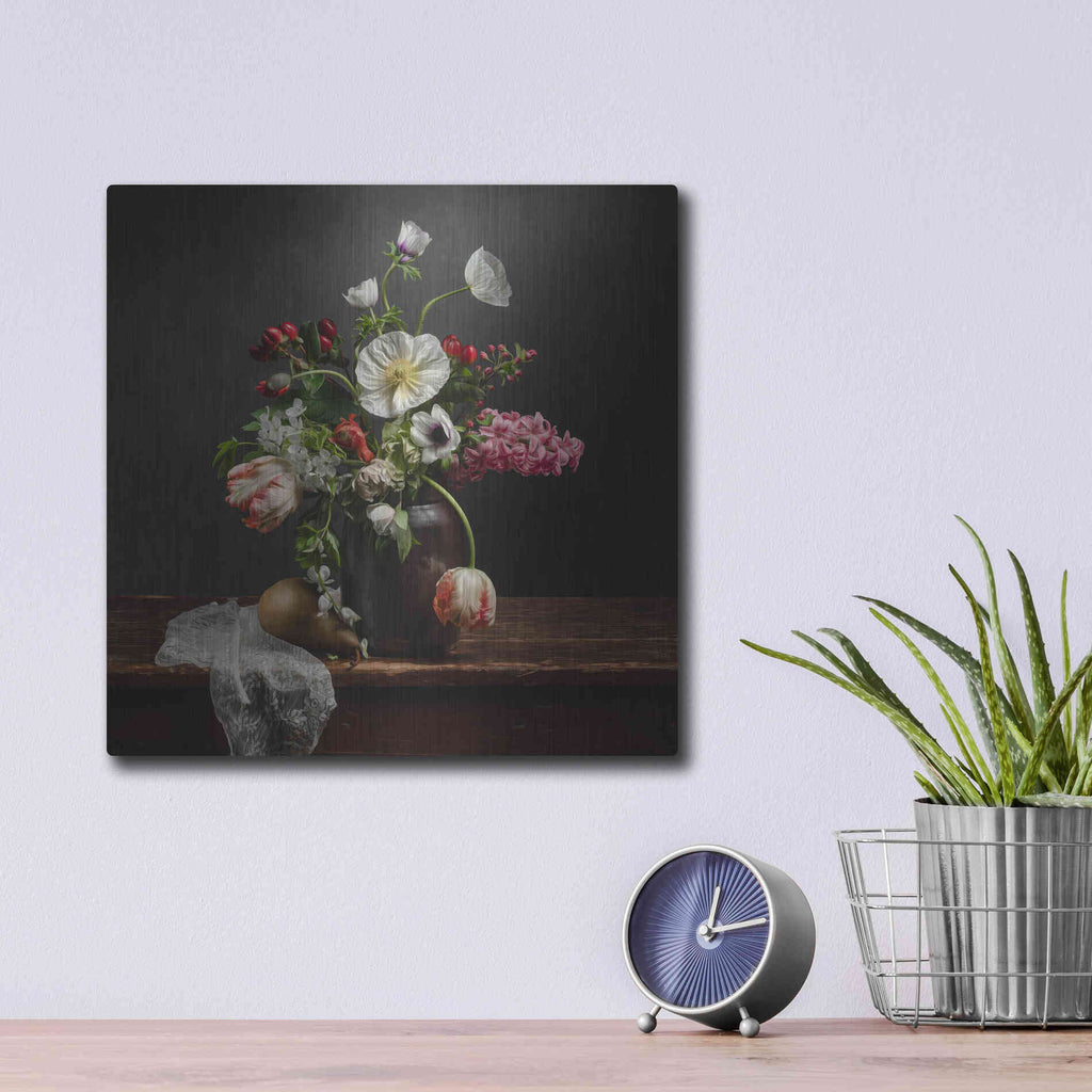 Luxe Metal Art 'Pear And Parrot Tulip Still Life' by Leah McLean Metal Wall Art,12x12