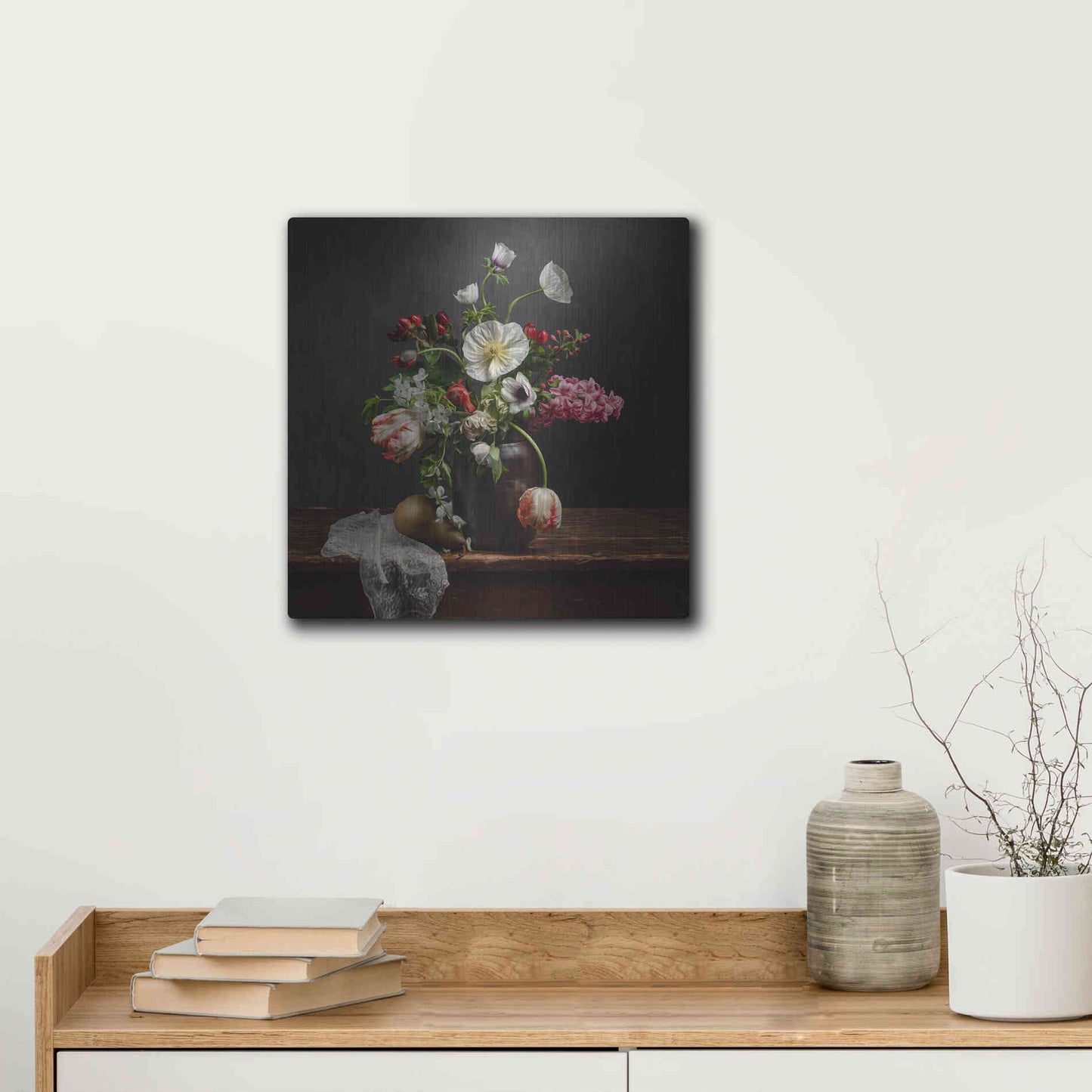 Luxe Metal Art 'Pear And Parrot Tulip Still Life' by Leah McLean Metal Wall Art,12x12