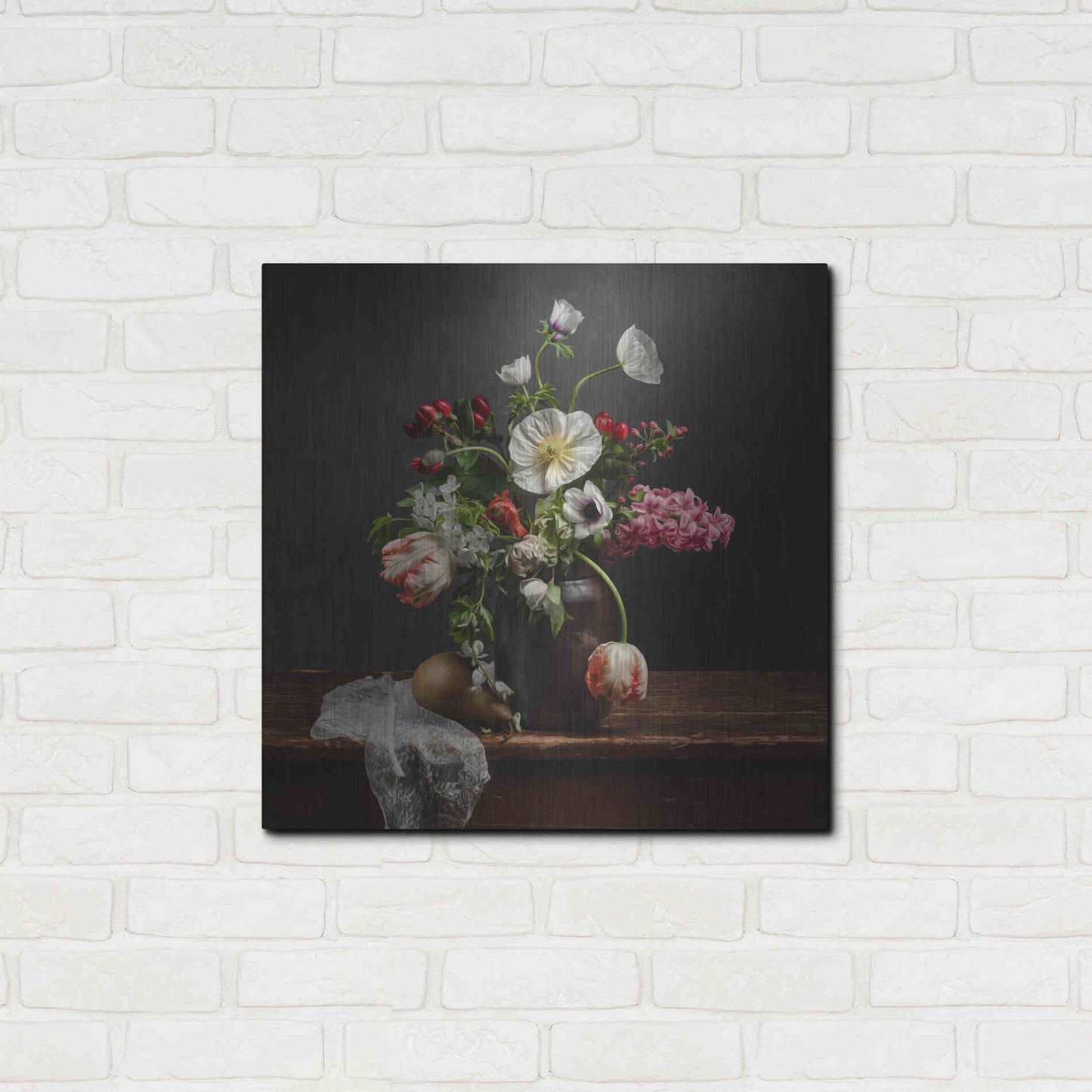 Luxe Metal Art 'Pear And Parrot Tulip Still Life' by Leah McLean Metal Wall Art,24x24