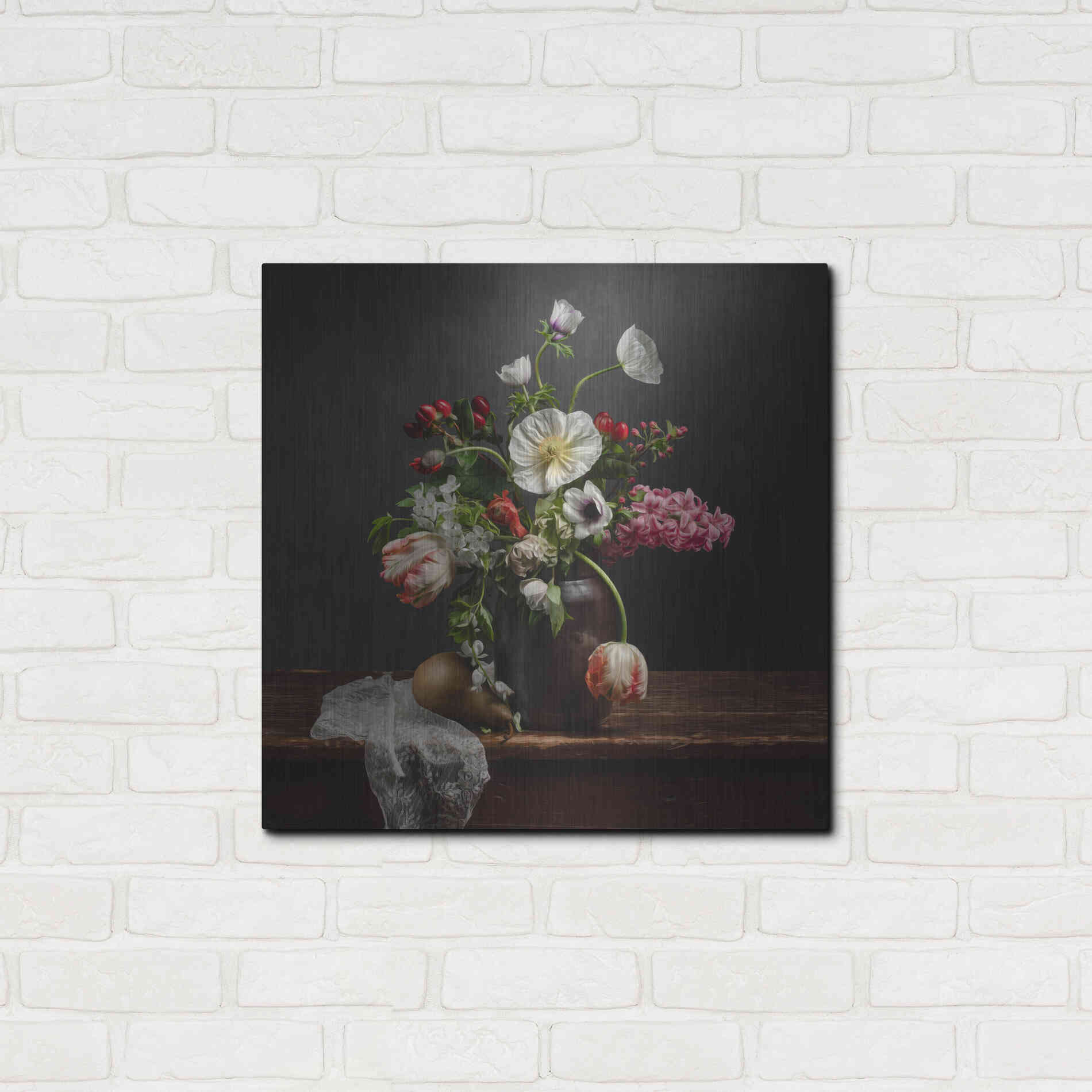 Luxe Metal Art 'Pear And Parrot Tulip Still Life' by Leah McLean Metal Wall Art,24x24