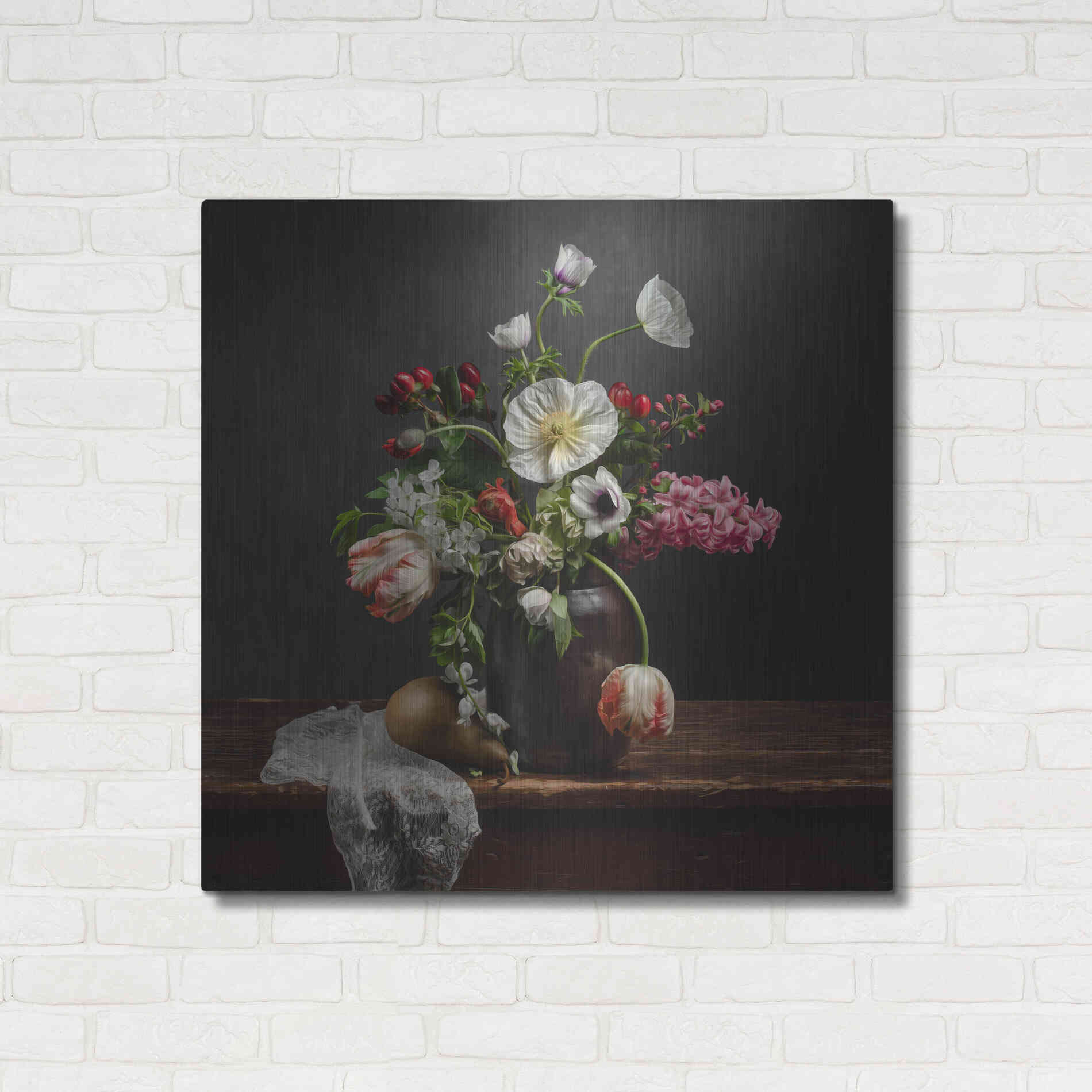 Luxe Metal Art 'Pear And Parrot Tulip Still Life' by Leah McLean Metal Wall Art,36x36