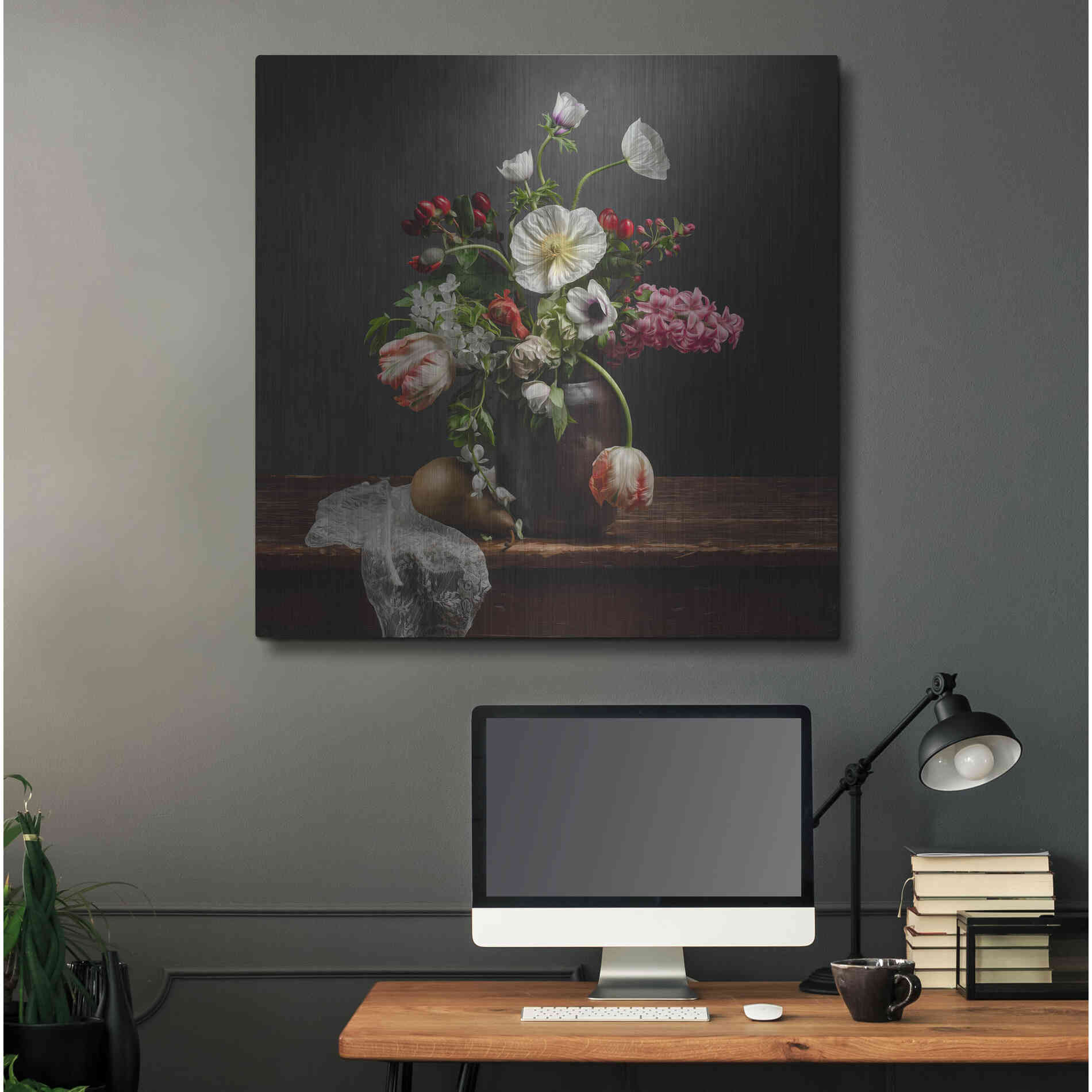 Luxe Metal Art 'Pear And Parrot Tulip Still Life' by Leah McLean Metal Wall Art,36x36