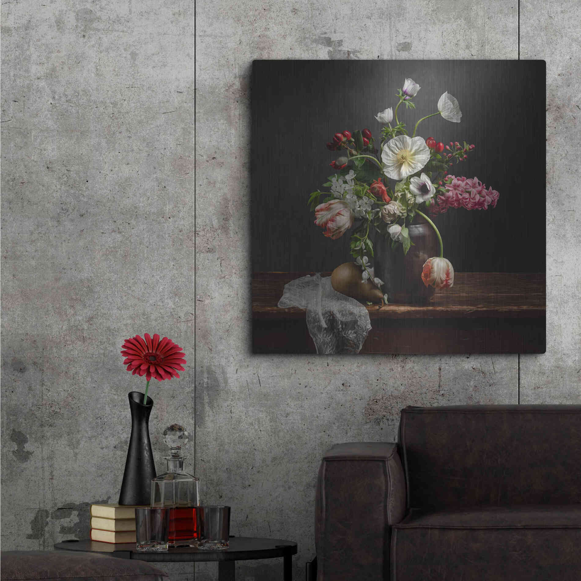 Luxe Metal Art 'Pear And Parrot Tulip Still Life' by Leah McLean Metal Wall Art,36x36