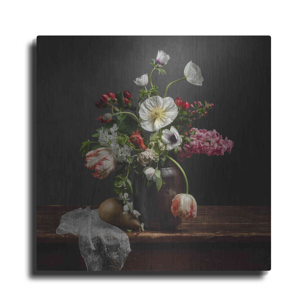 Luxe Metal Art 'Pear And Parrot Tulip Still Life' by Leah McLean Metal Wall Art