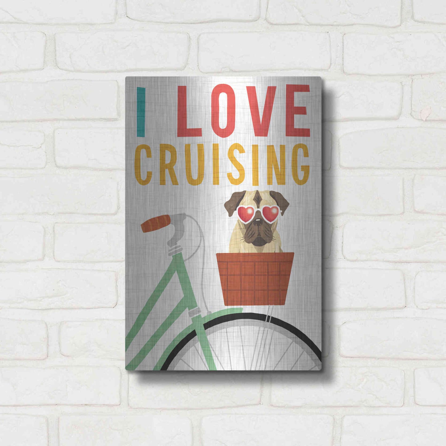 Luxe Metal Art 'Beach Bums Pug Bicycle I Love' by Michael Mullan, Metal Wall Art,12x16