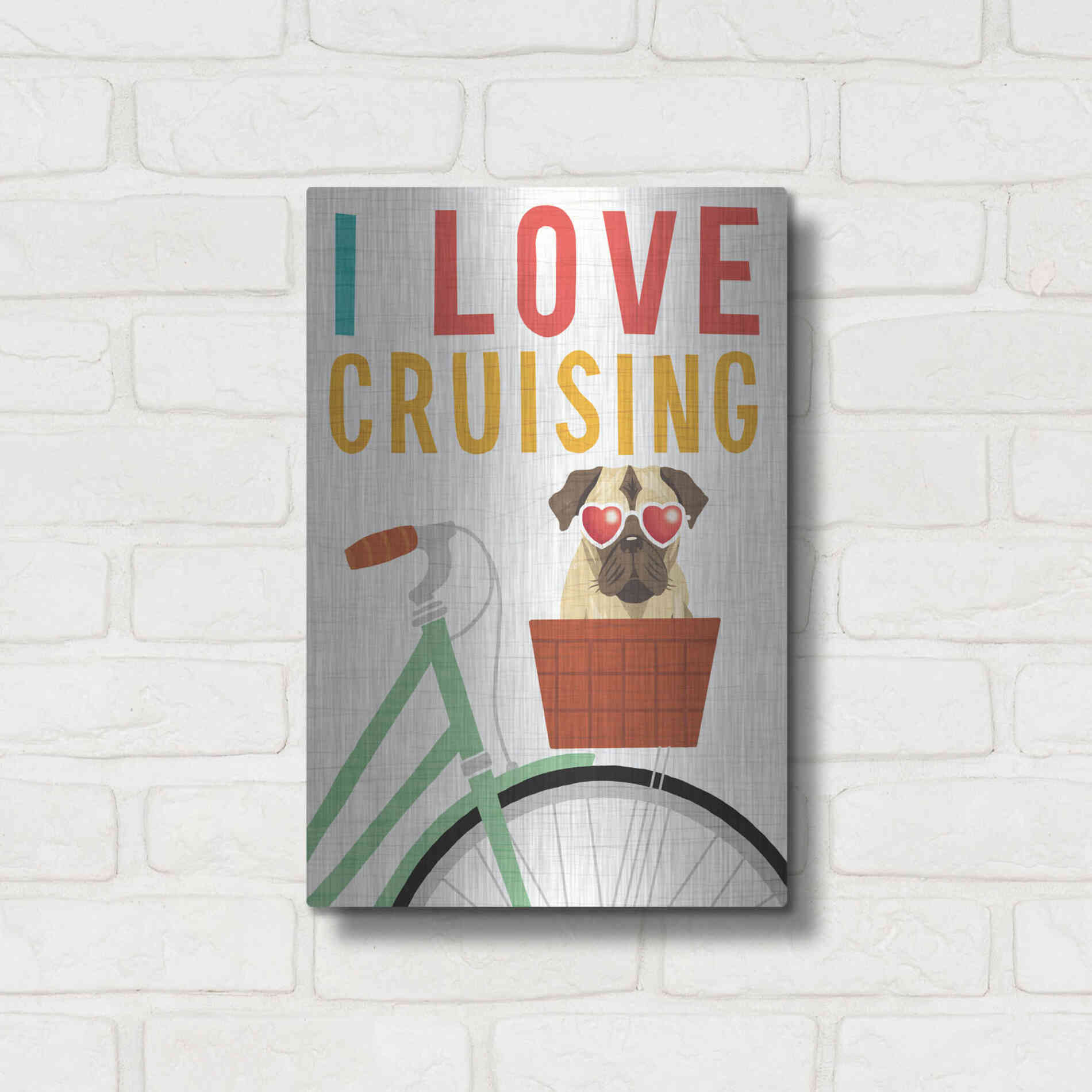 Luxe Metal Art 'Beach Bums Pug Bicycle I Love' by Michael Mullan, Metal Wall Art,12x16