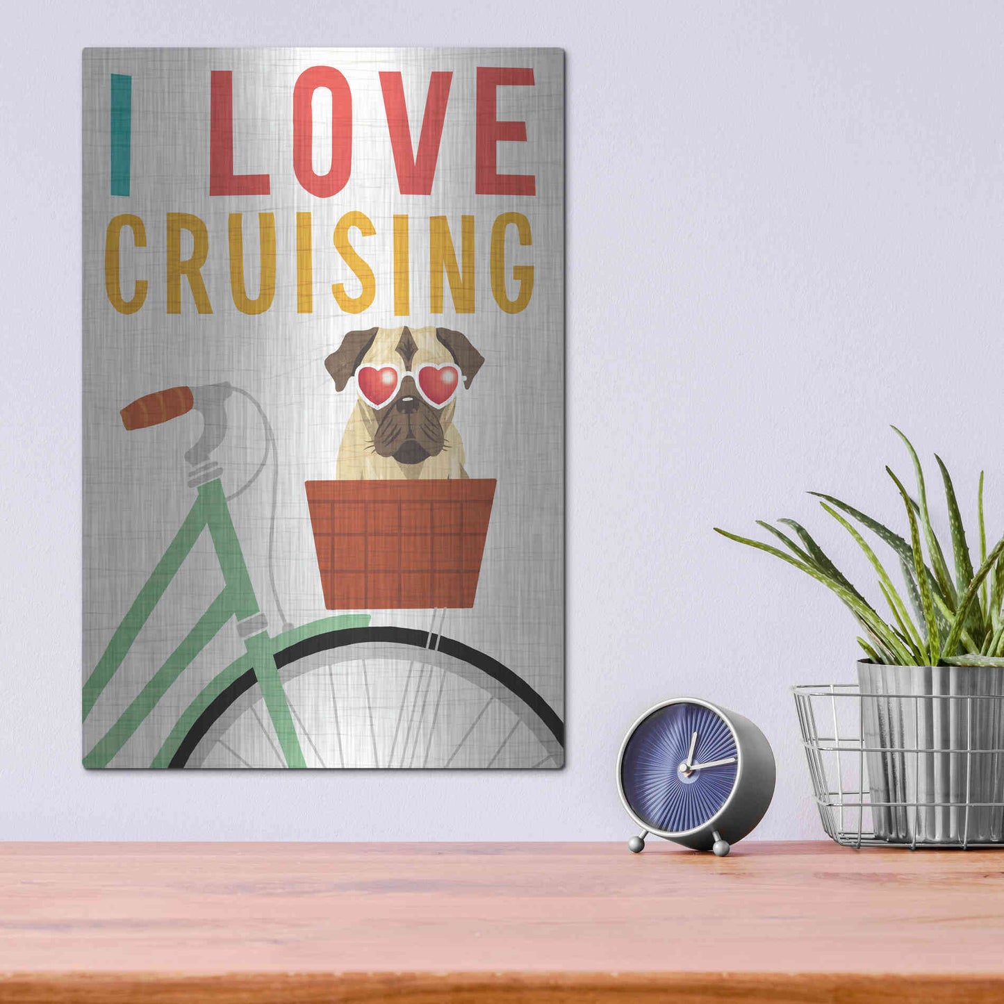 Luxe Metal Art 'Beach Bums Pug Bicycle I Love' by Michael Mullan, Metal Wall Art,12x16