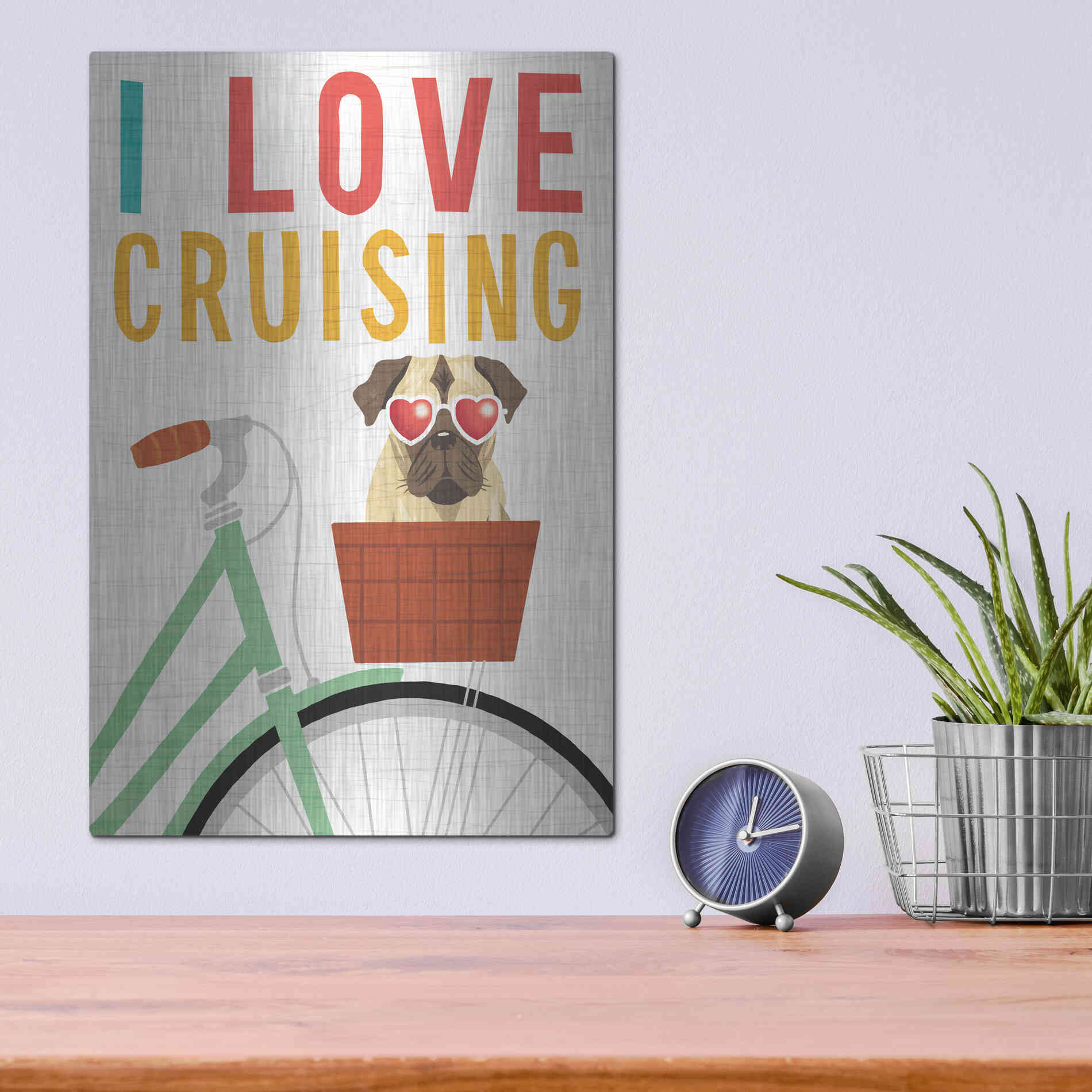 Luxe Metal Art 'Beach Bums Pug Bicycle I Love' by Michael Mullan, Metal Wall Art,12x16