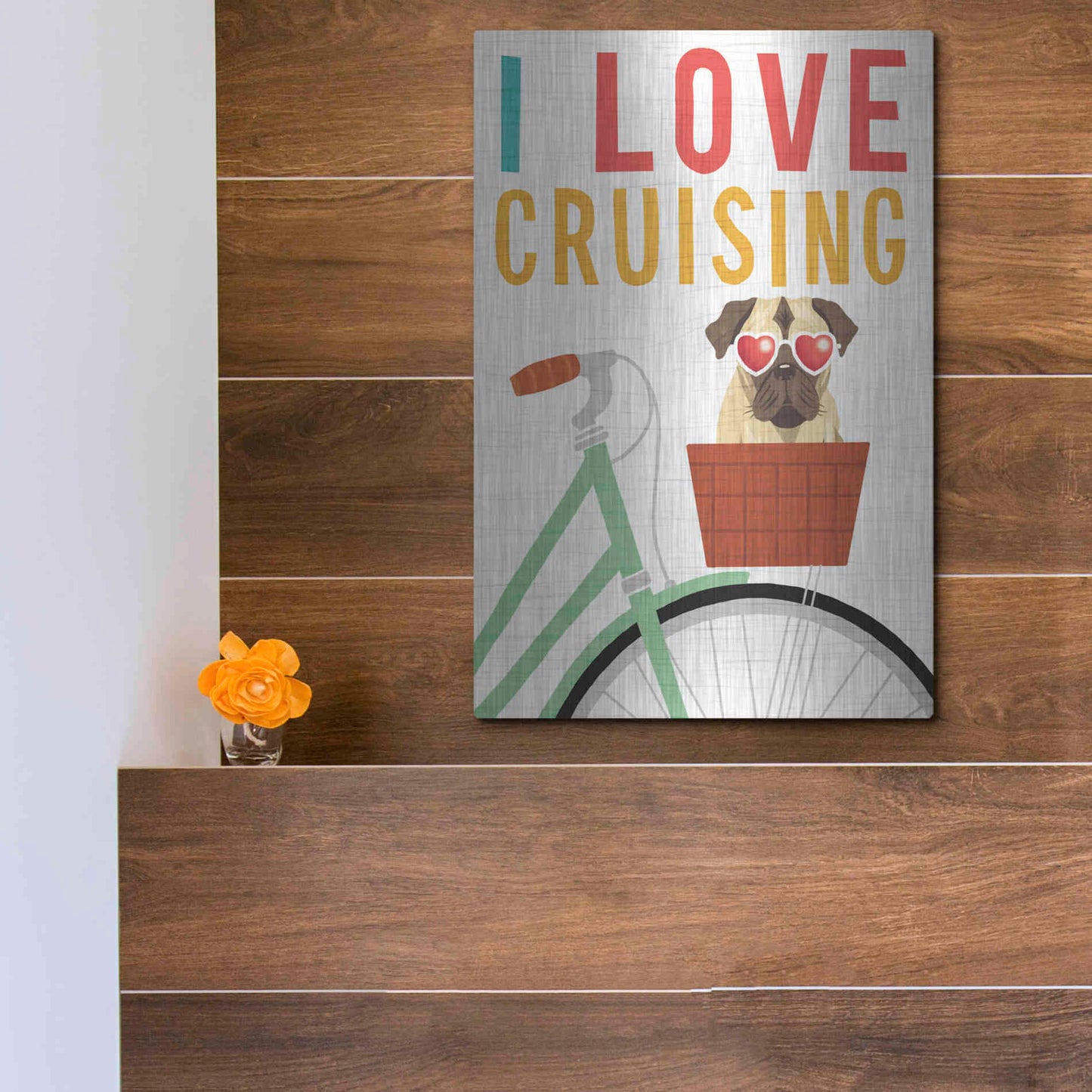 Luxe Metal Art 'Beach Bums Pug Bicycle I Love' by Michael Mullan, Metal Wall Art,12x16