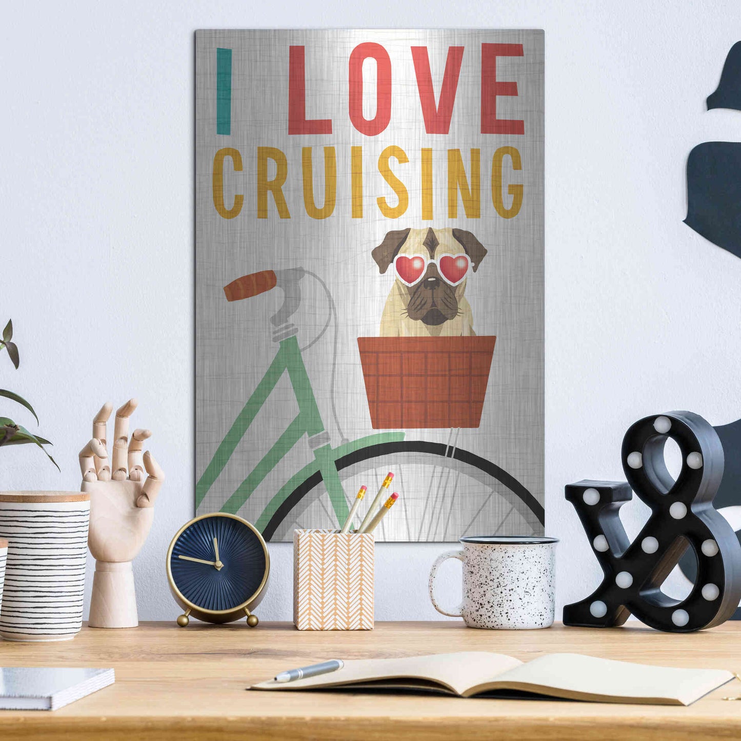 Luxe Metal Art 'Beach Bums Pug Bicycle I Love' by Michael Mullan, Metal Wall Art,12x16