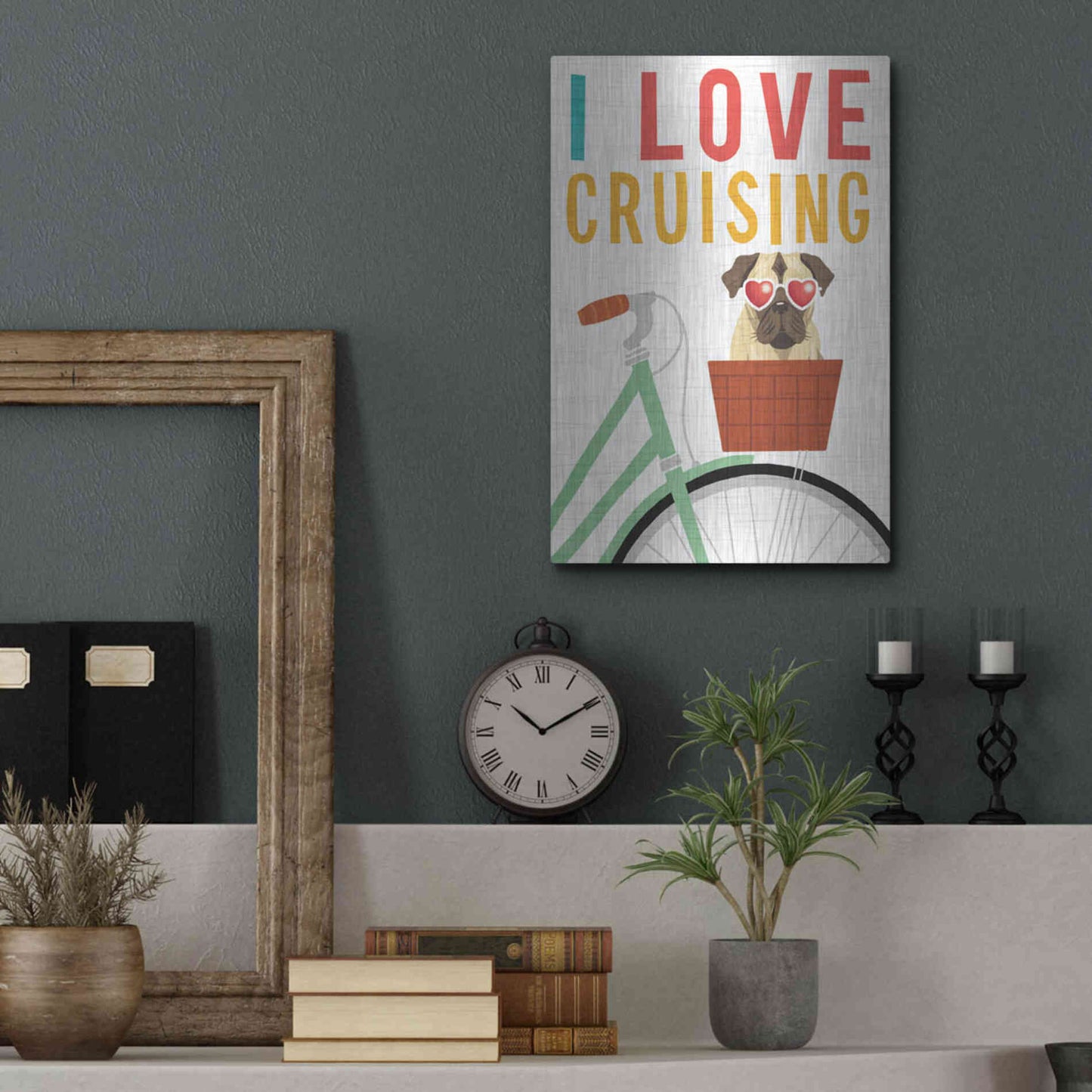 Luxe Metal Art 'Beach Bums Pug Bicycle I Love' by Michael Mullan, Metal Wall Art,12x16