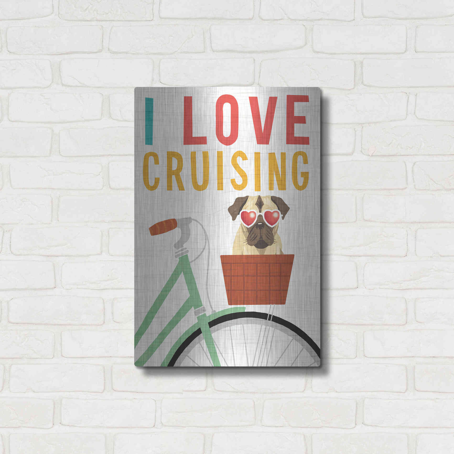 Luxe Metal Art 'Beach Bums Pug Bicycle I Love' by Michael Mullan, Metal Wall Art,16x24