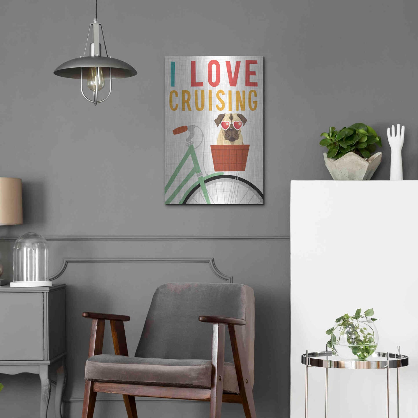 Luxe Metal Art 'Beach Bums Pug Bicycle I Love' by Michael Mullan, Metal Wall Art,16x24