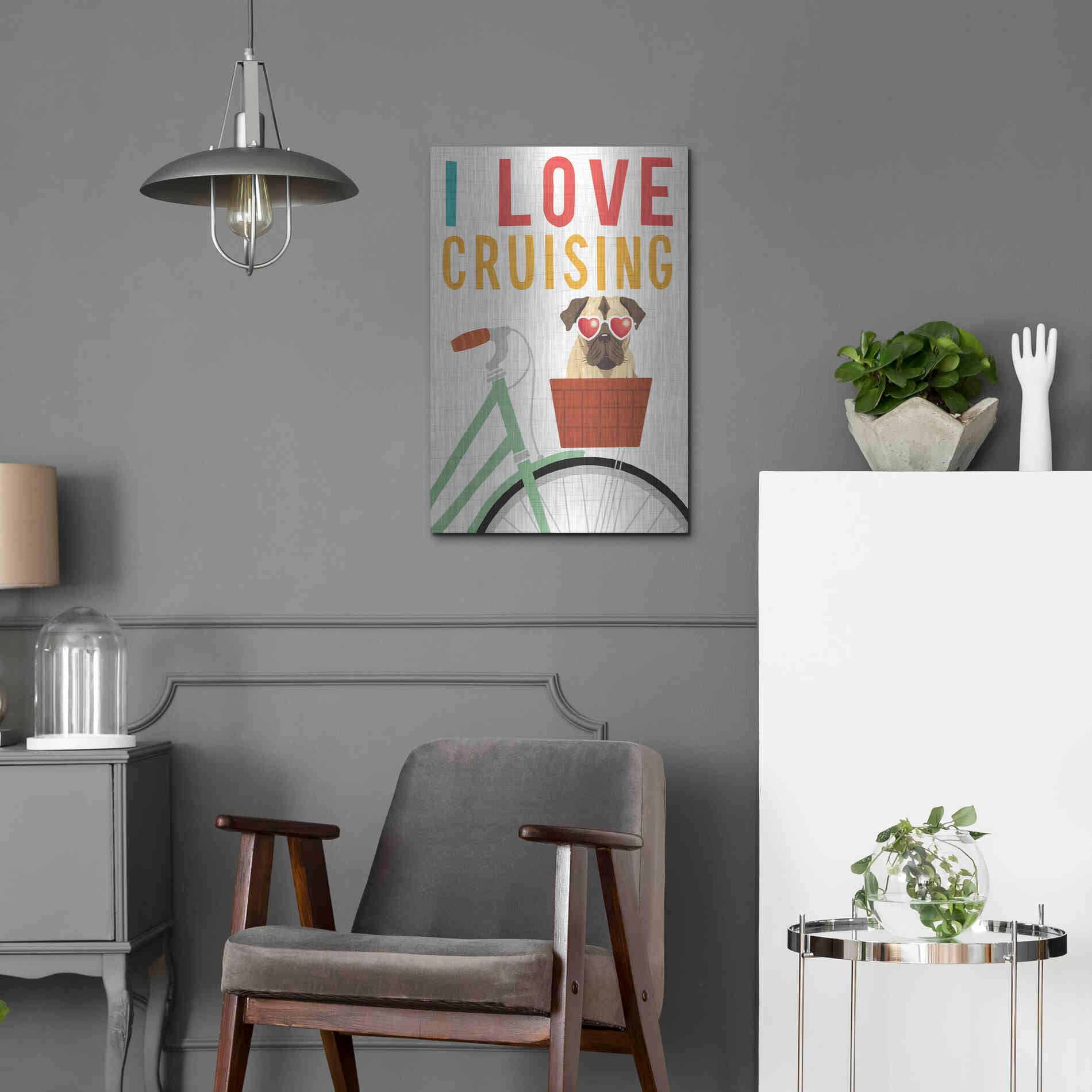 Luxe Metal Art 'Beach Bums Pug Bicycle I Love' by Michael Mullan, Metal Wall Art,16x24