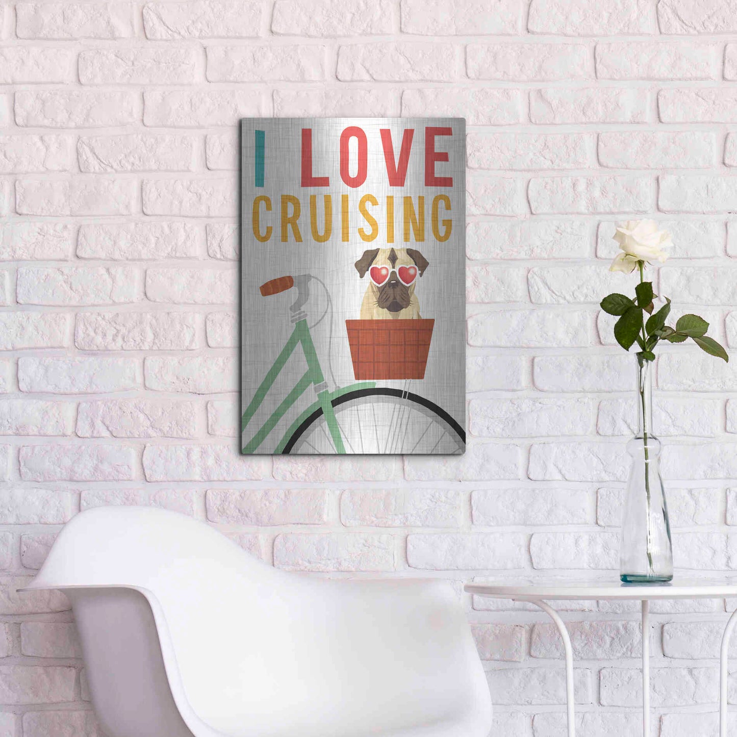 Luxe Metal Art 'Beach Bums Pug Bicycle I Love' by Michael Mullan, Metal Wall Art,16x24