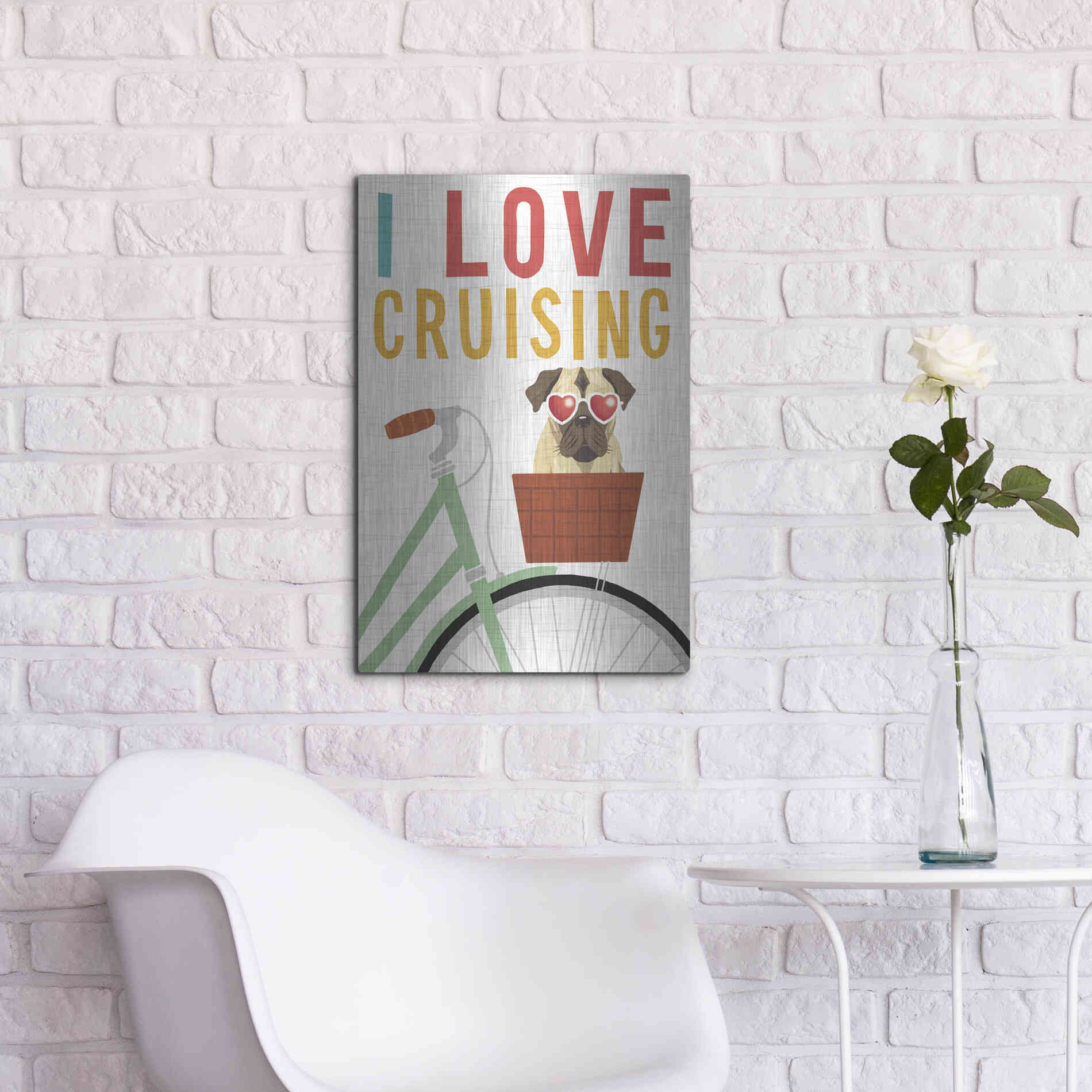 Luxe Metal Art 'Beach Bums Pug Bicycle I Love' by Michael Mullan, Metal Wall Art,16x24