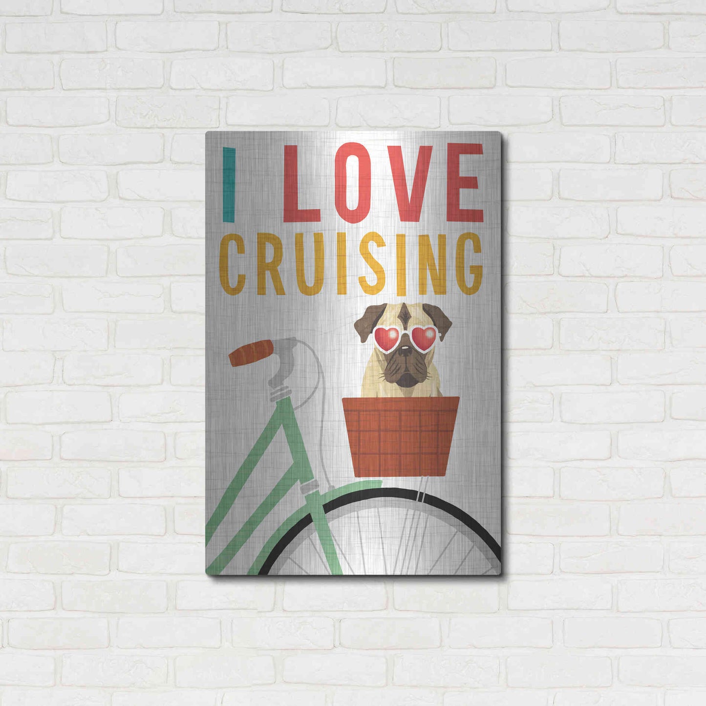 Luxe Metal Art 'Beach Bums Pug Bicycle I Love' by Michael Mullan, Metal Wall Art,24x36