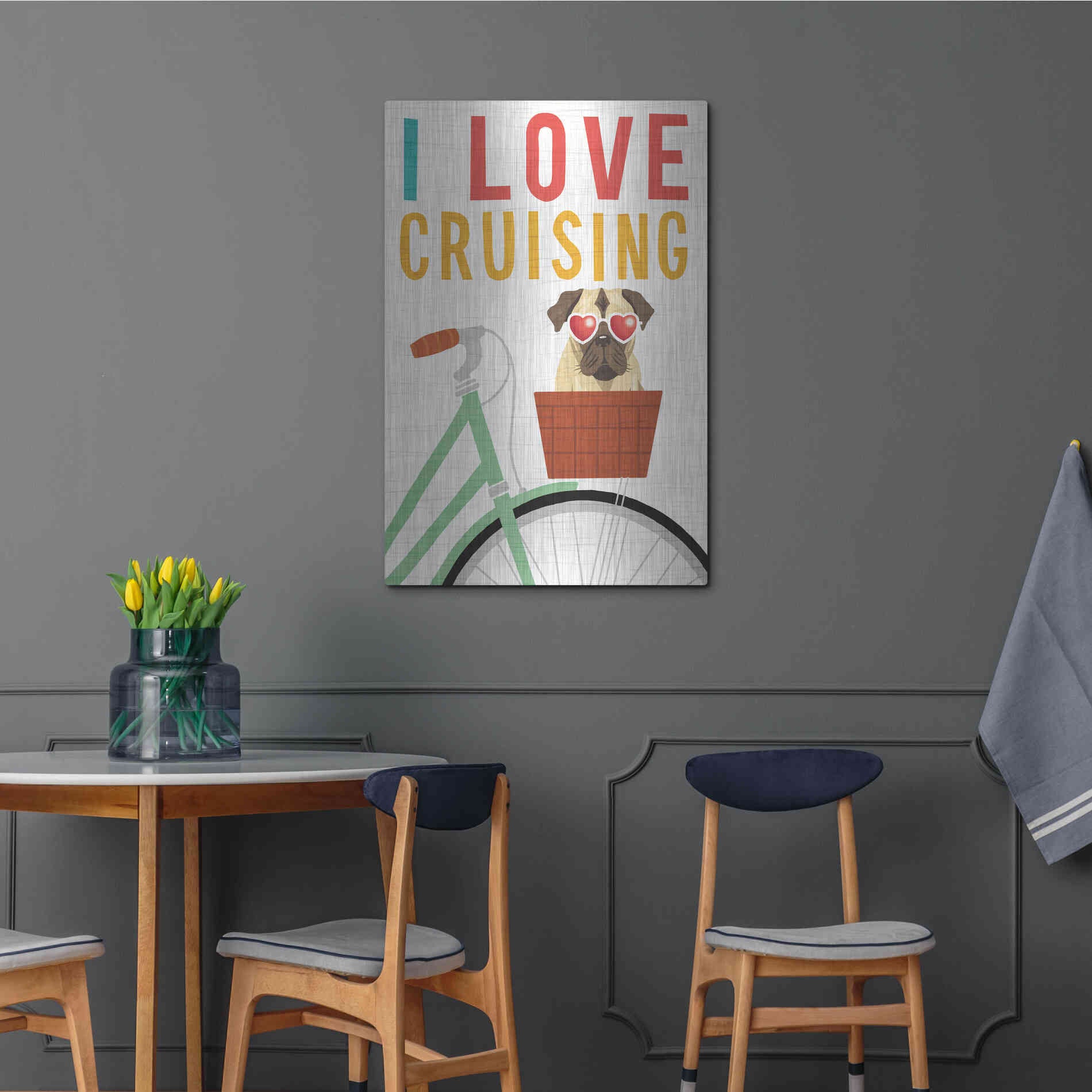 Luxe Metal Art 'Beach Bums Pug Bicycle I Love' by Michael Mullan, Metal Wall Art,24x36