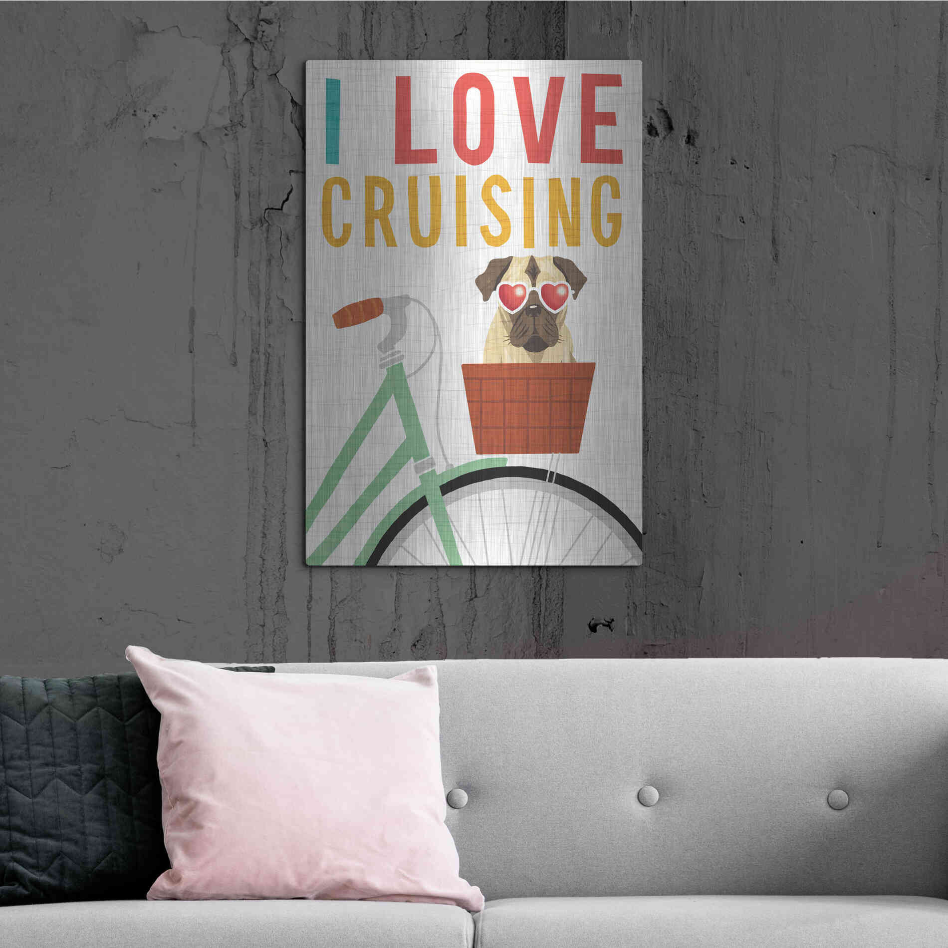 Luxe Metal Art 'Beach Bums Pug Bicycle I Love' by Michael Mullan, Metal Wall Art,24x36