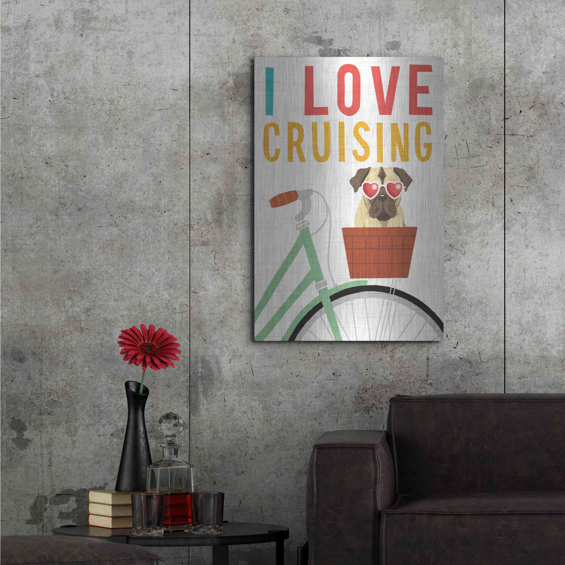 Luxe Metal Art 'Beach Bums Pug Bicycle I Love' by Michael Mullan, Metal Wall Art,24x36