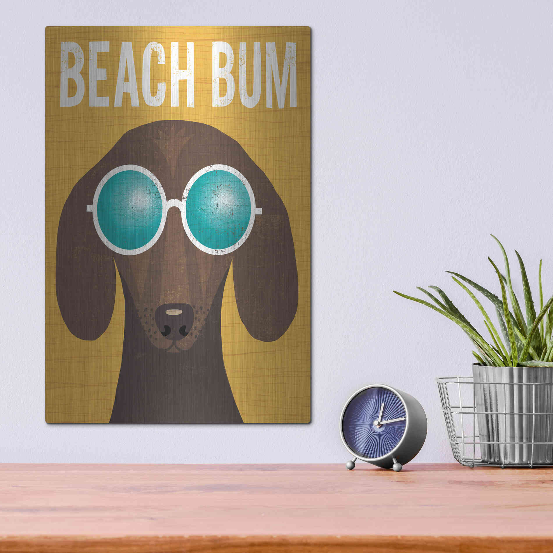 Luxe Metal Art 'Beach Bums Dachshund I Bum' by Michael Mullan, Metal Wall Art,12x16
