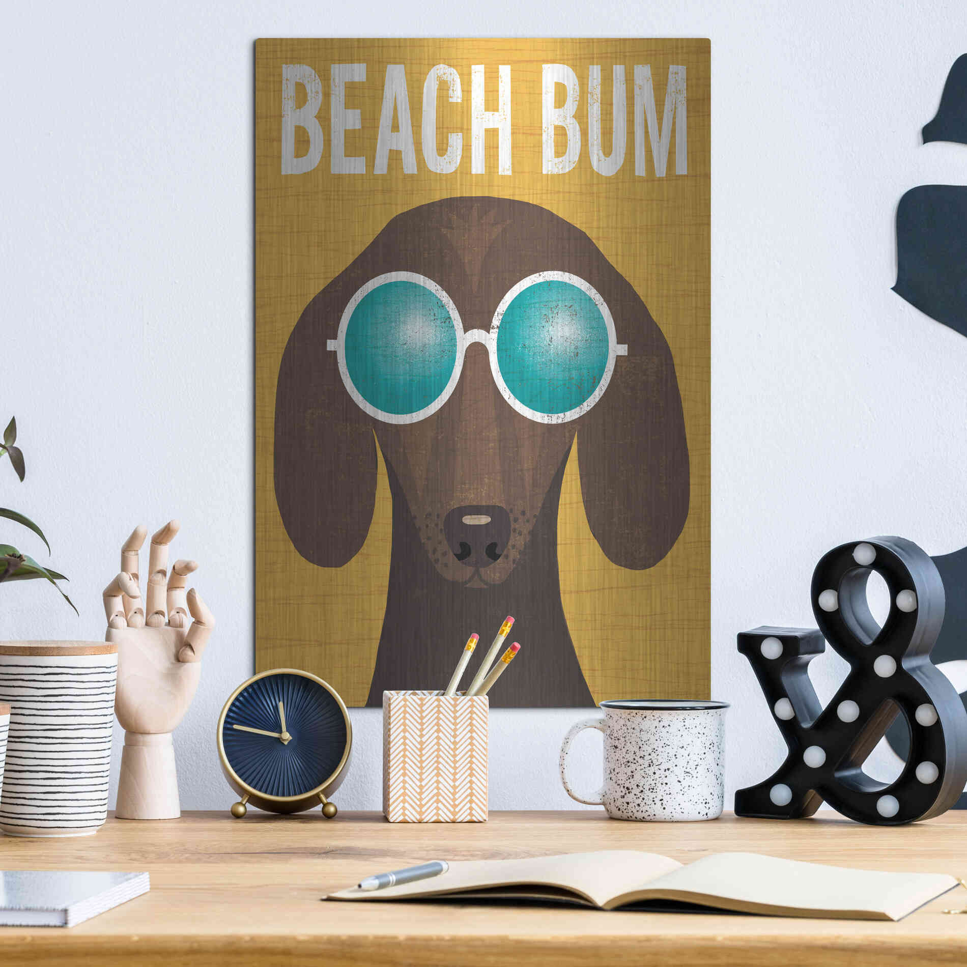 Luxe Metal Art 'Beach Bums Dachshund I Bum' by Michael Mullan, Metal Wall Art,12x16
