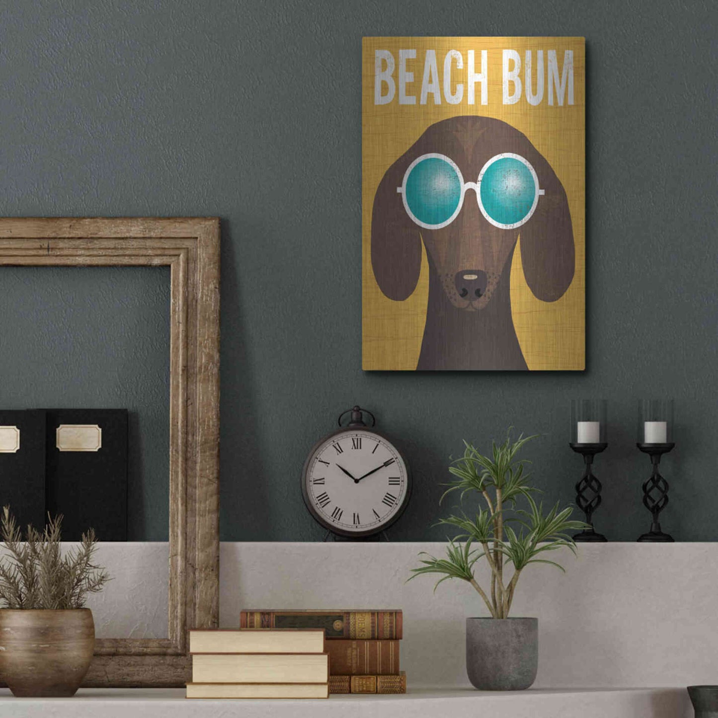 Luxe Metal Art 'Beach Bums Dachshund I Bum' by Michael Mullan, Metal Wall Art,12x16