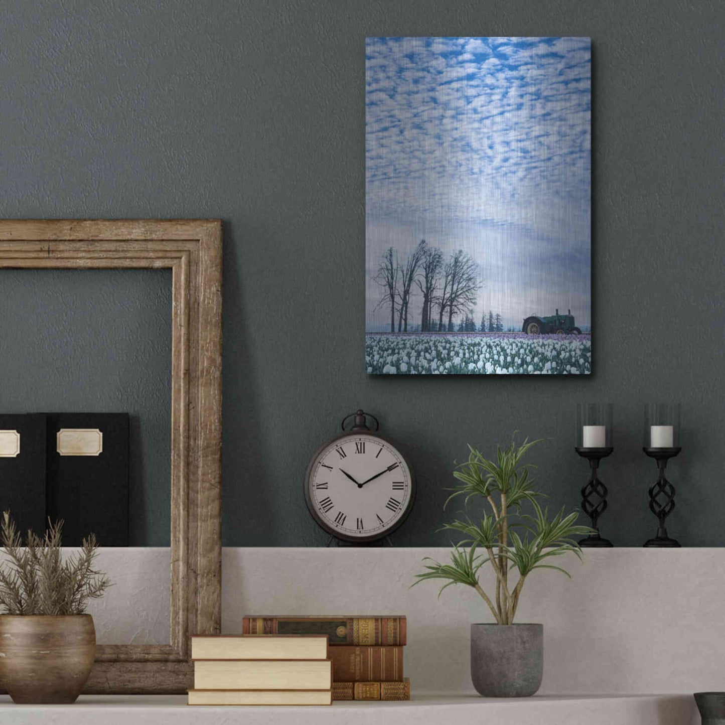 Luxe Metal Art  'Tractor Surrounded By Tulips'  by Don Schwartz, Metal Wall Art,12x16