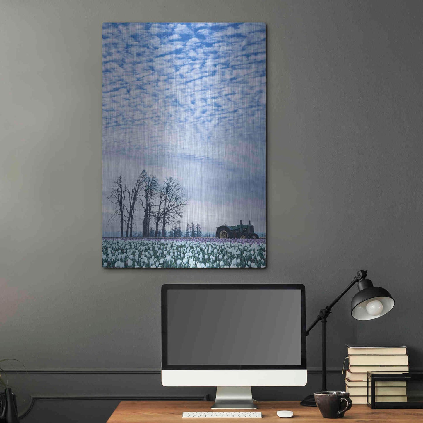 Luxe Metal Art  'Tractor Surrounded By Tulips'  by Don Schwartz, Metal Wall Art,24x36