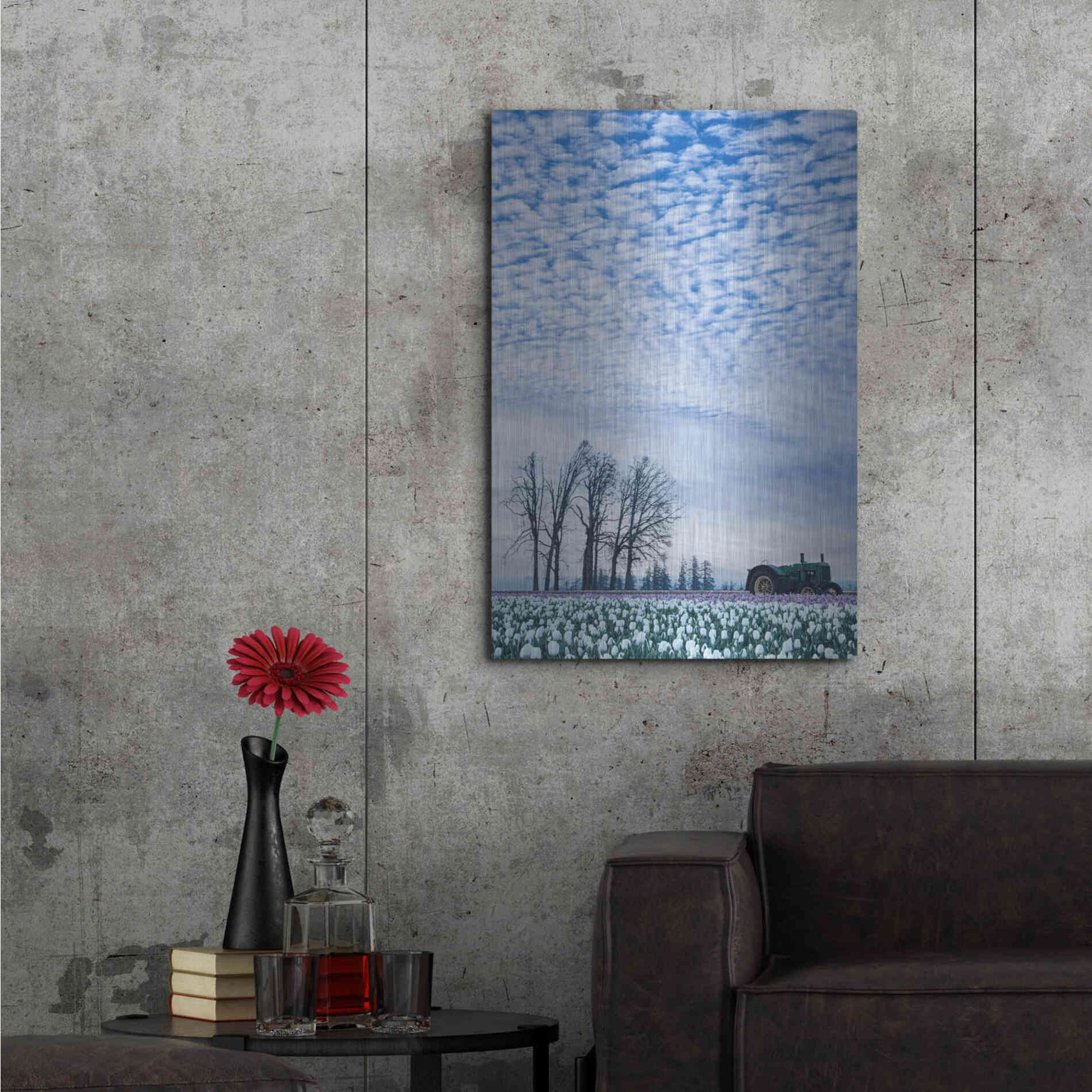 Luxe Metal Art  'Tractor Surrounded By Tulips'  by Don Schwartz, Metal Wall Art,24x36