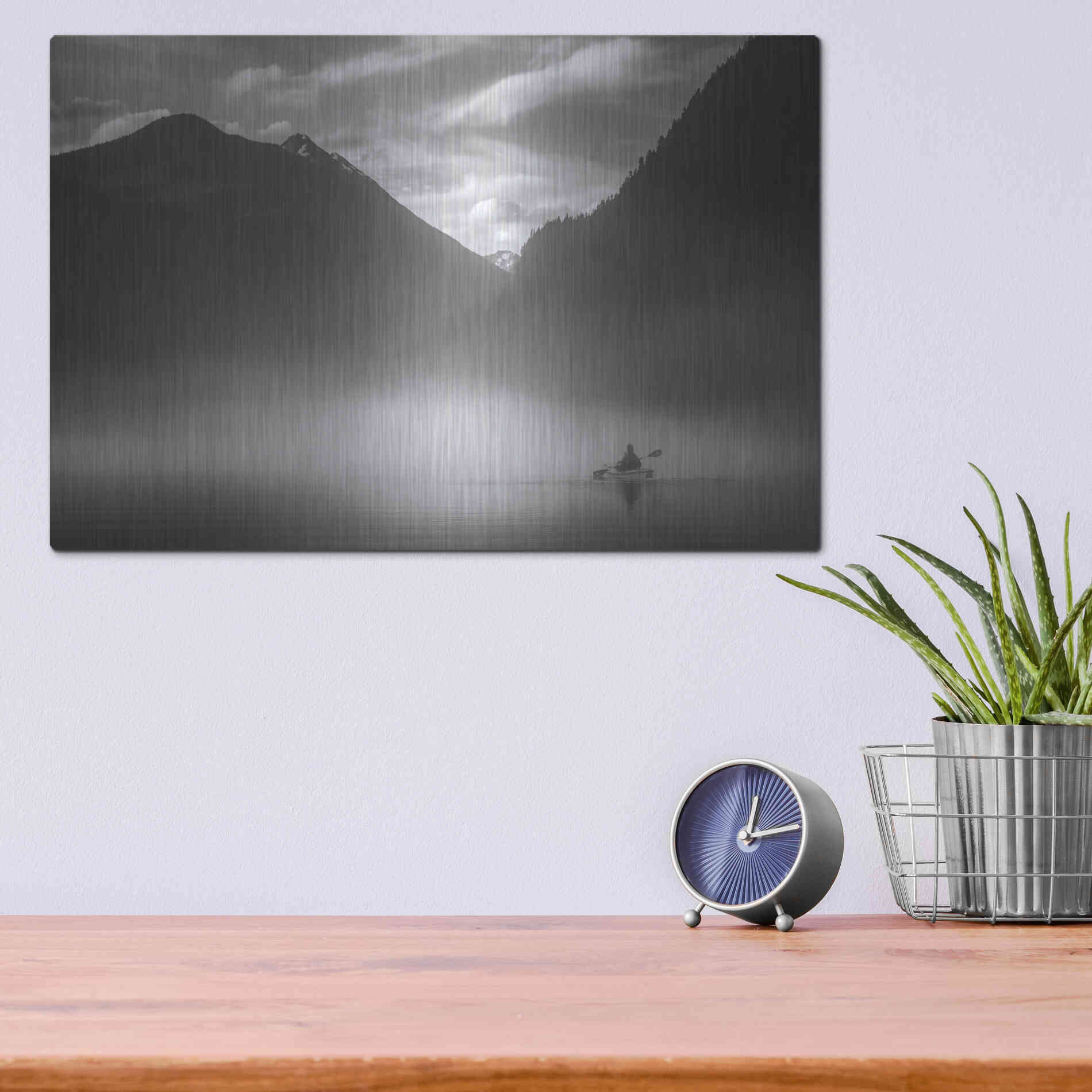 Luxe Metal Art  'Kayaker In The Mountain Mist'  by Don Schwartz, Metal Wall Art,16x12
